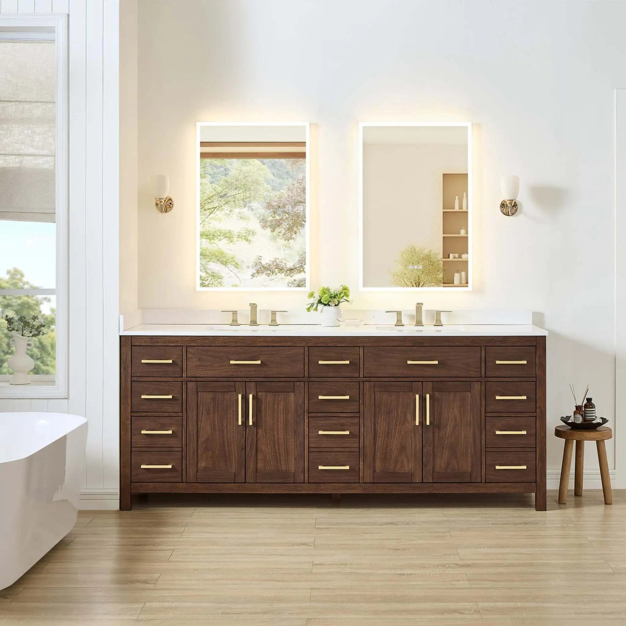 84" Beckett Double Bathroom Vanity in Dark Walnut with Brushed Gold Trim by Wyndham