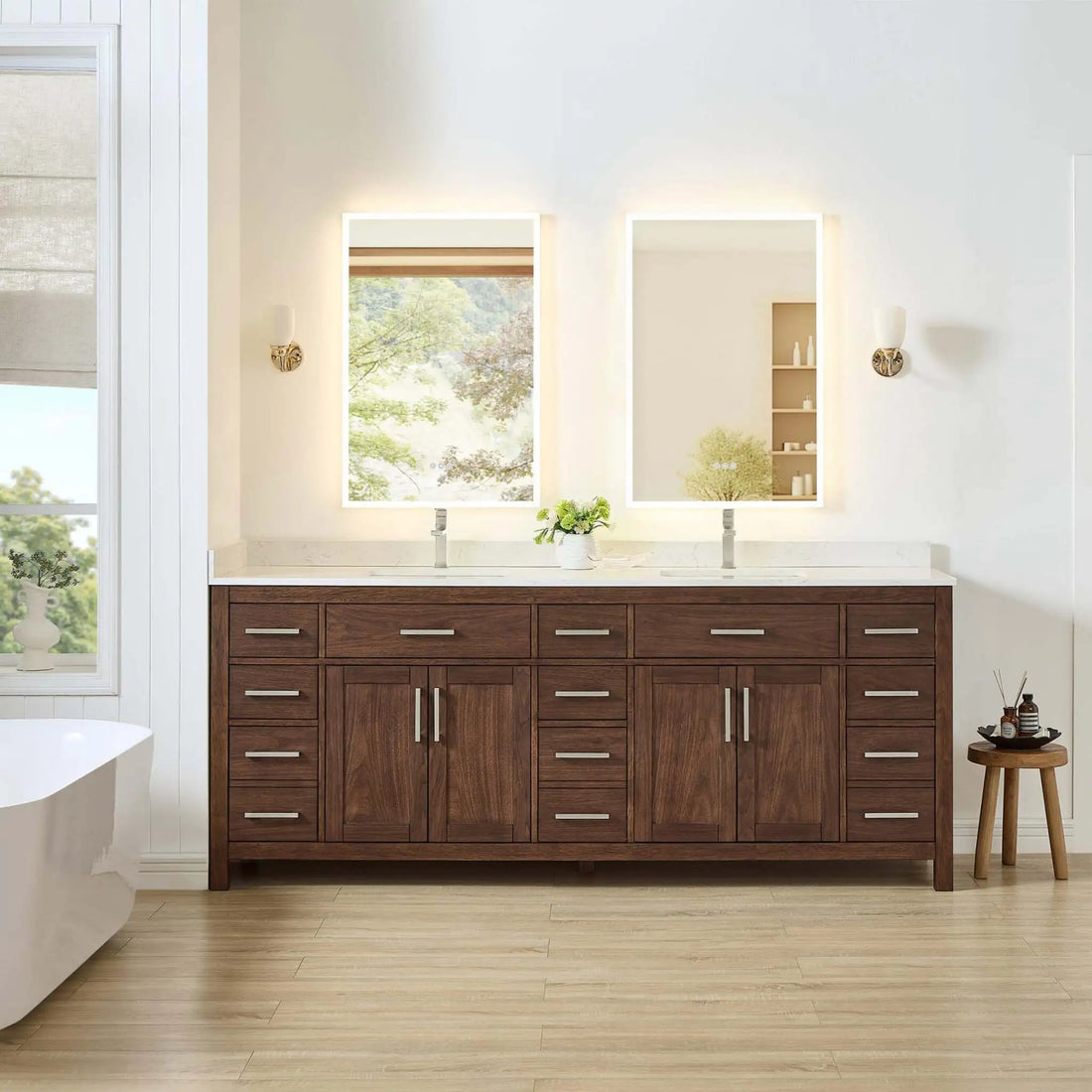 84" Beckett Double Bathroom Vanity in Dark Walnut with Brushed Nickel Trim by Wyndham