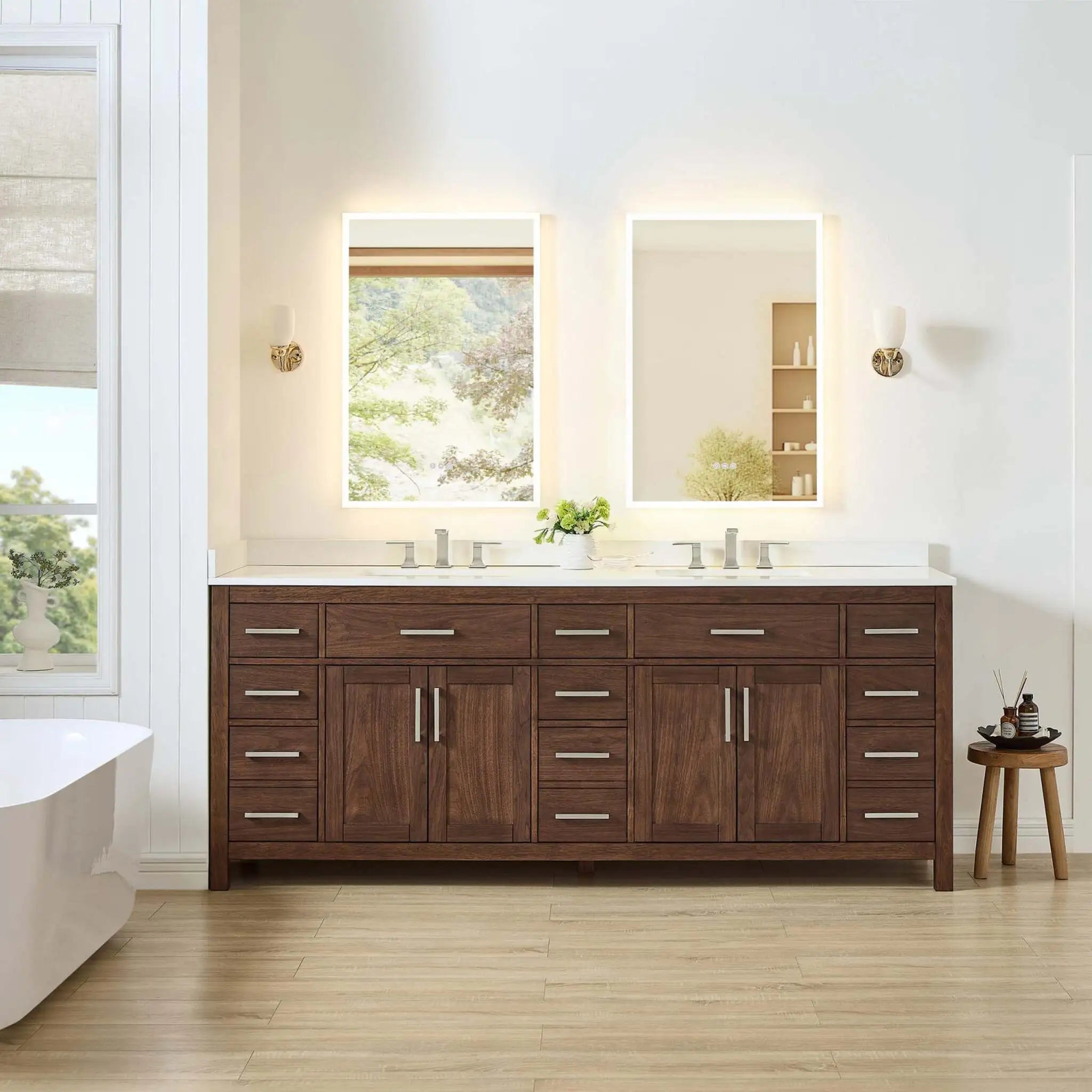 84" Beckett Double Bathroom Vanity in Dark Walnut with Brushed Nickel Trim by Wyndham