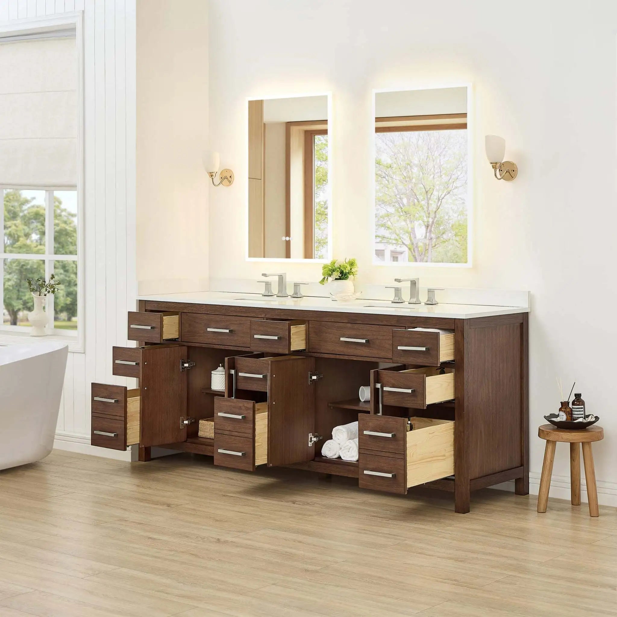 84" Beckett Double Bathroom Vanity in Dark Walnut with Brushed Nickel Trim by Wyndham