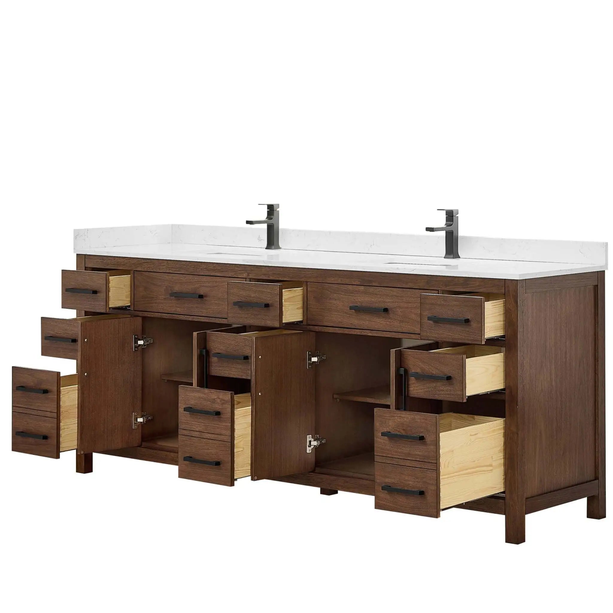 84" Beckett Double Bathroom Vanity in Dark Walnut with Matte Black Trim by Wyndham