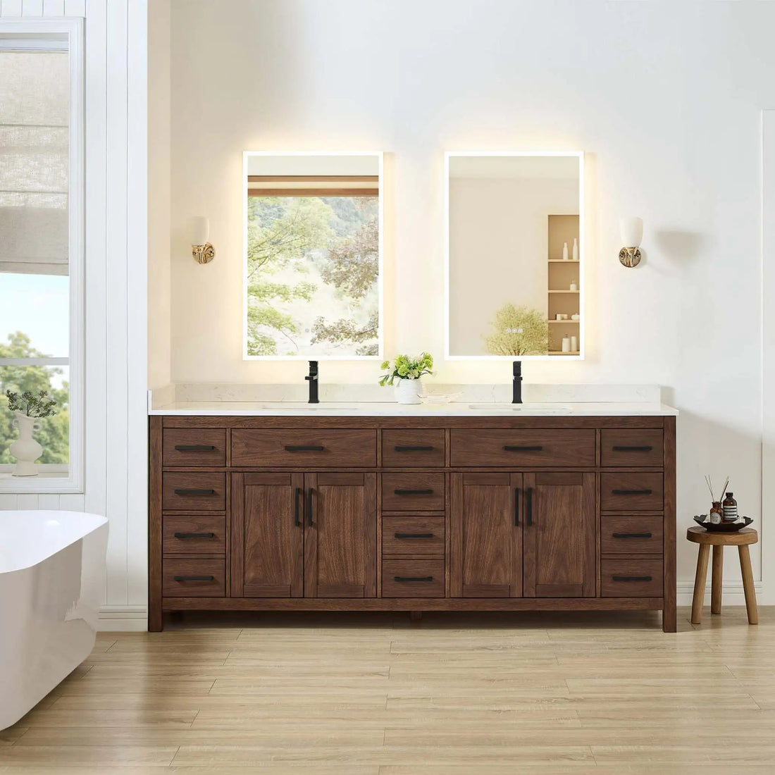84" Beckett Double Bathroom Vanity in Dark Walnut with Matte Black Trim by Wyndham
