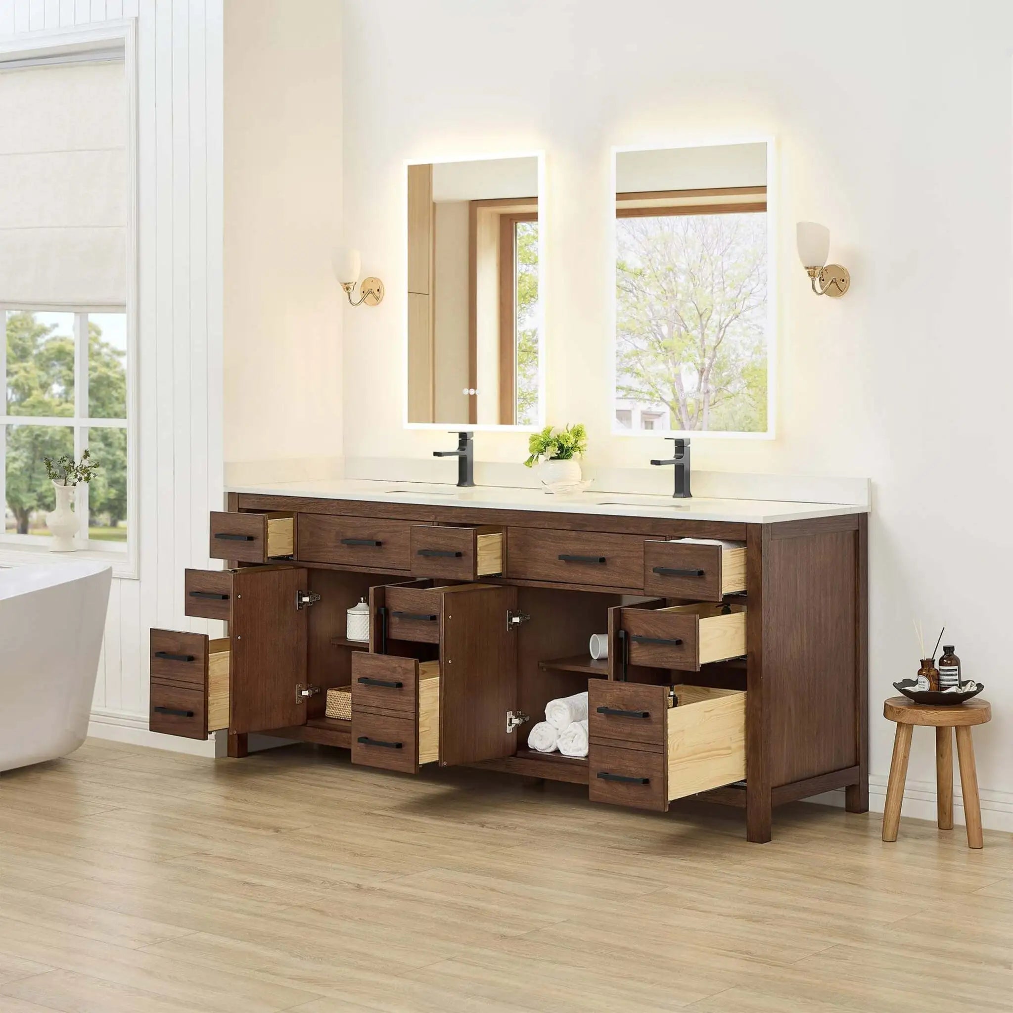 84" Beckett Double Bathroom Vanity in Dark Walnut with Matte Black Trim by Wyndham
