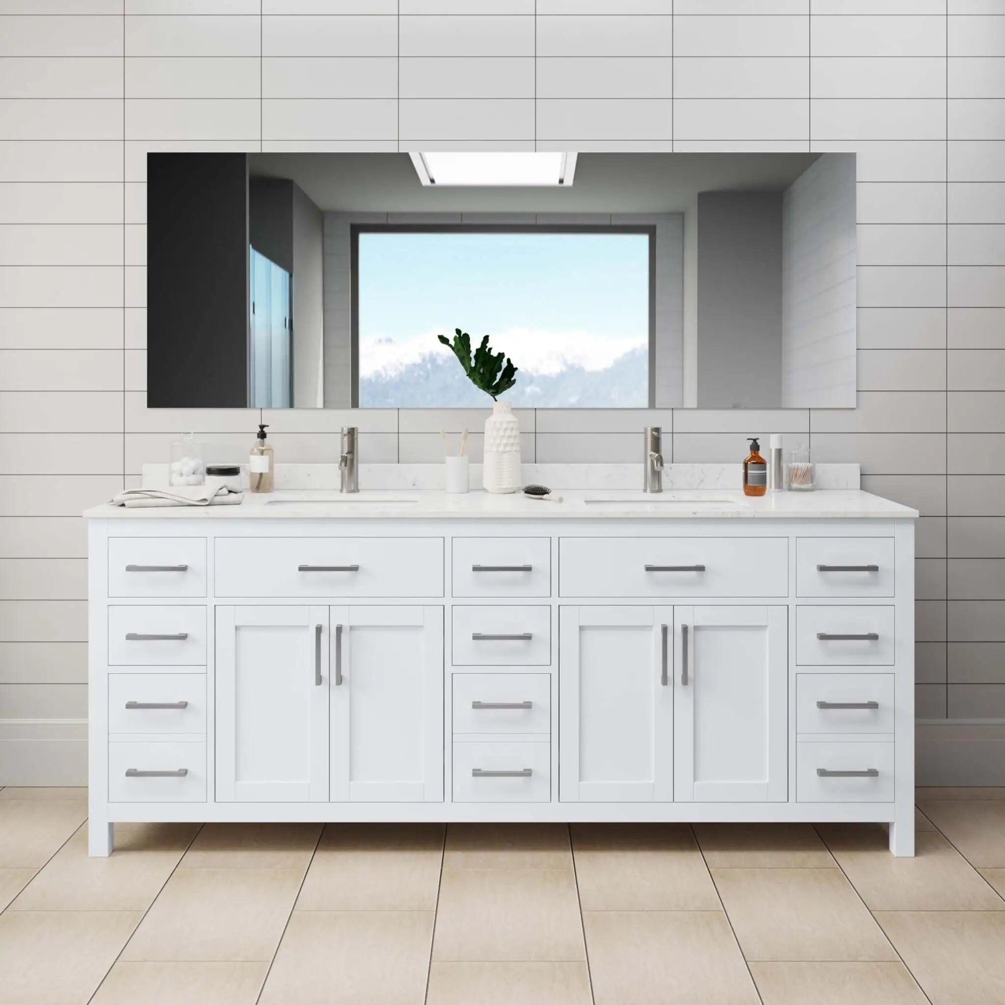 84" Beckett Double Bathroom Vanity in White with Brushed Nickel Trim by Wyndham