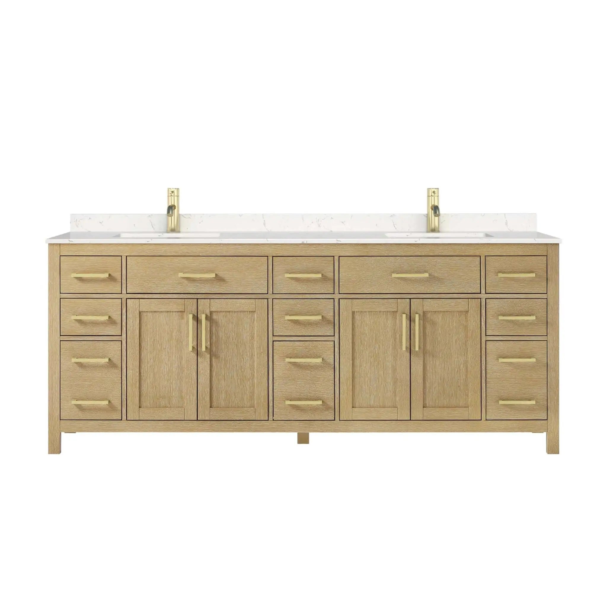 84" Beckett Double Bathroom Vanity in Whitewashed Oak with Brushed Gold Trim by Wyndham