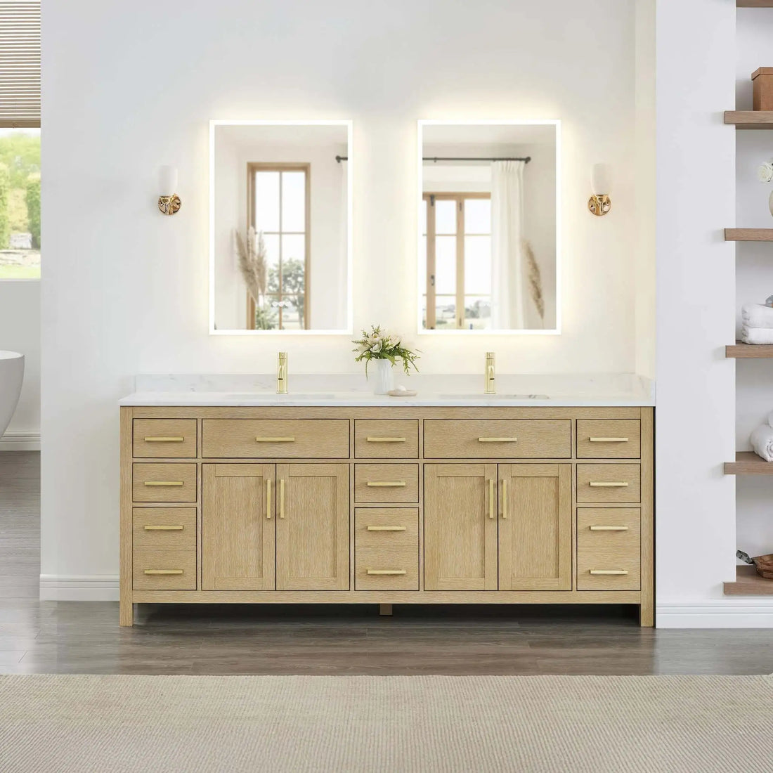 84" Beckett Double Bathroom Vanity in Whitewashed Oak with Brushed Gold Trim by Wyndham