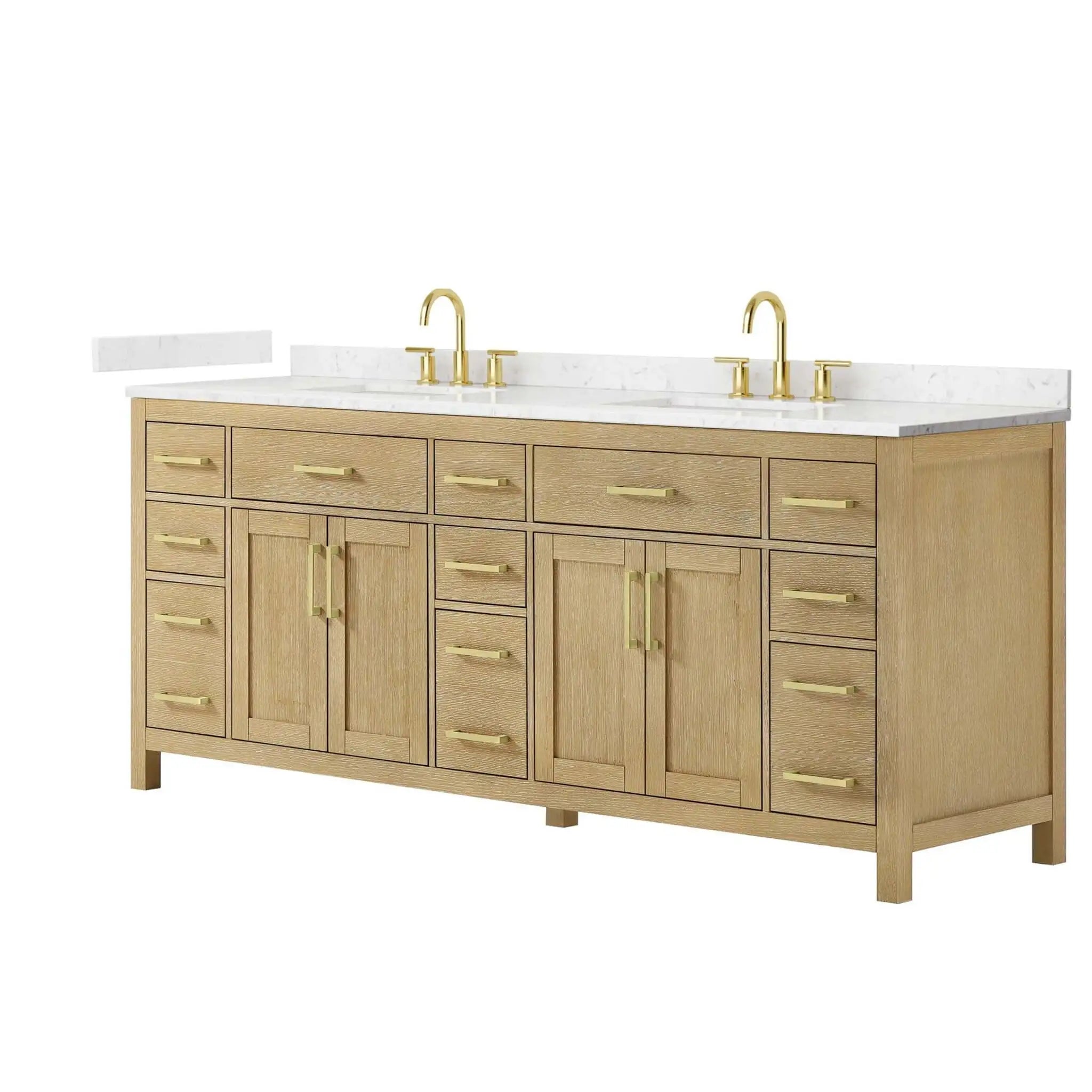84" Beckett Double Bathroom Vanity in Whitewashed Oak with Brushed Gold Trim by Wyndham