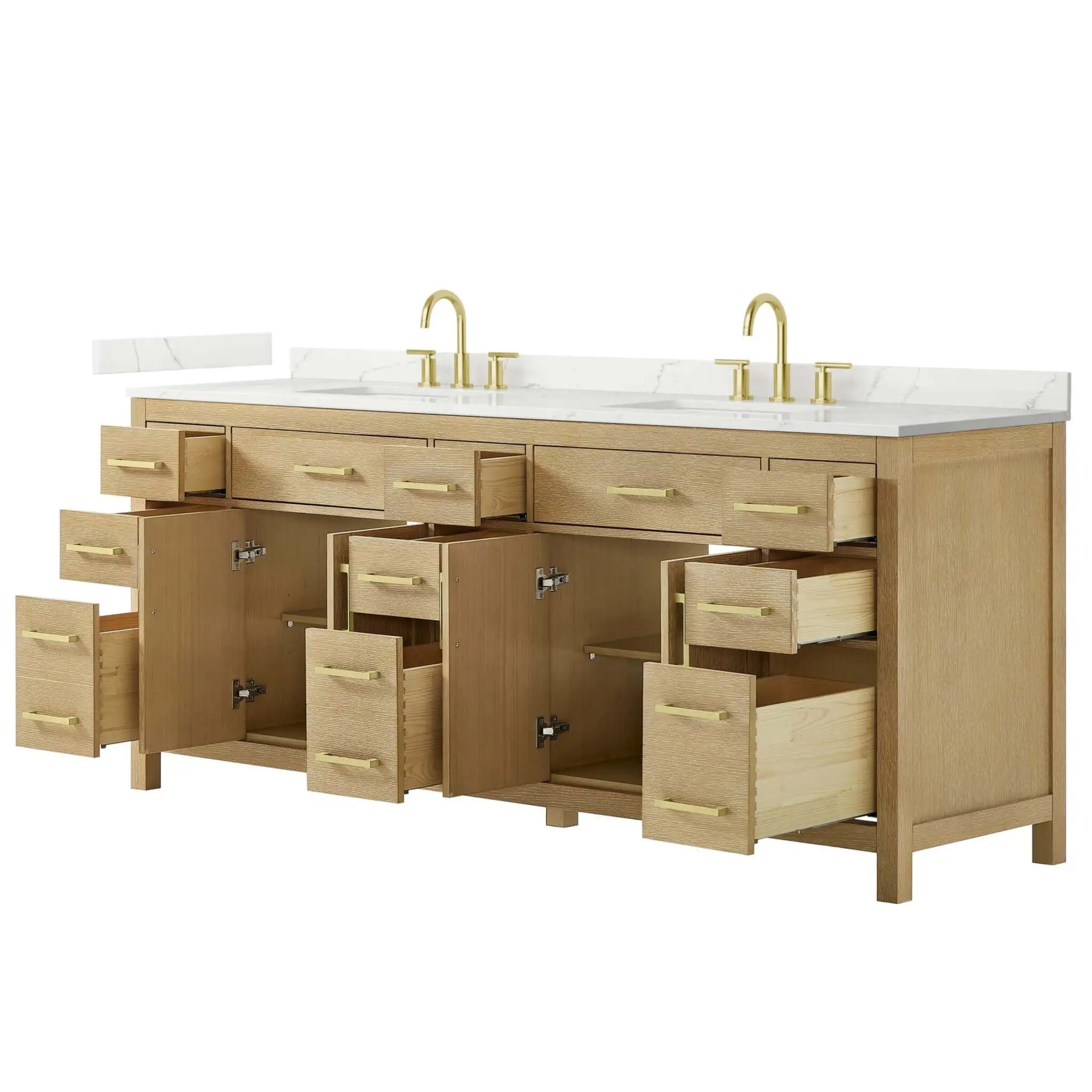 84" Beckett Double Bathroom Vanity in Whitewashed Oak with Brushed Gold Trim by Wyndham