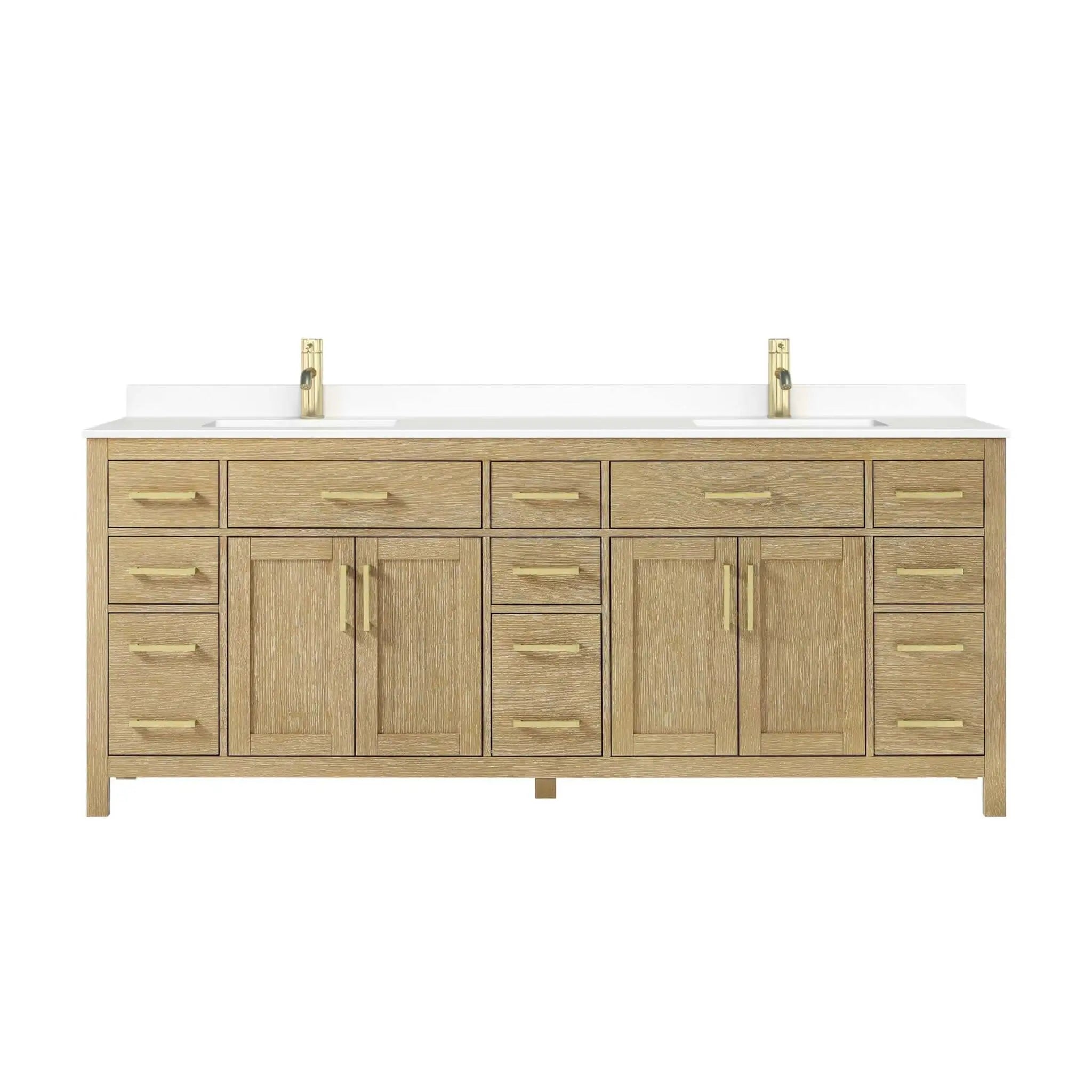 84" Beckett Double Bathroom Vanity in Whitewashed Oak with Brushed Gold Trim by Wyndham