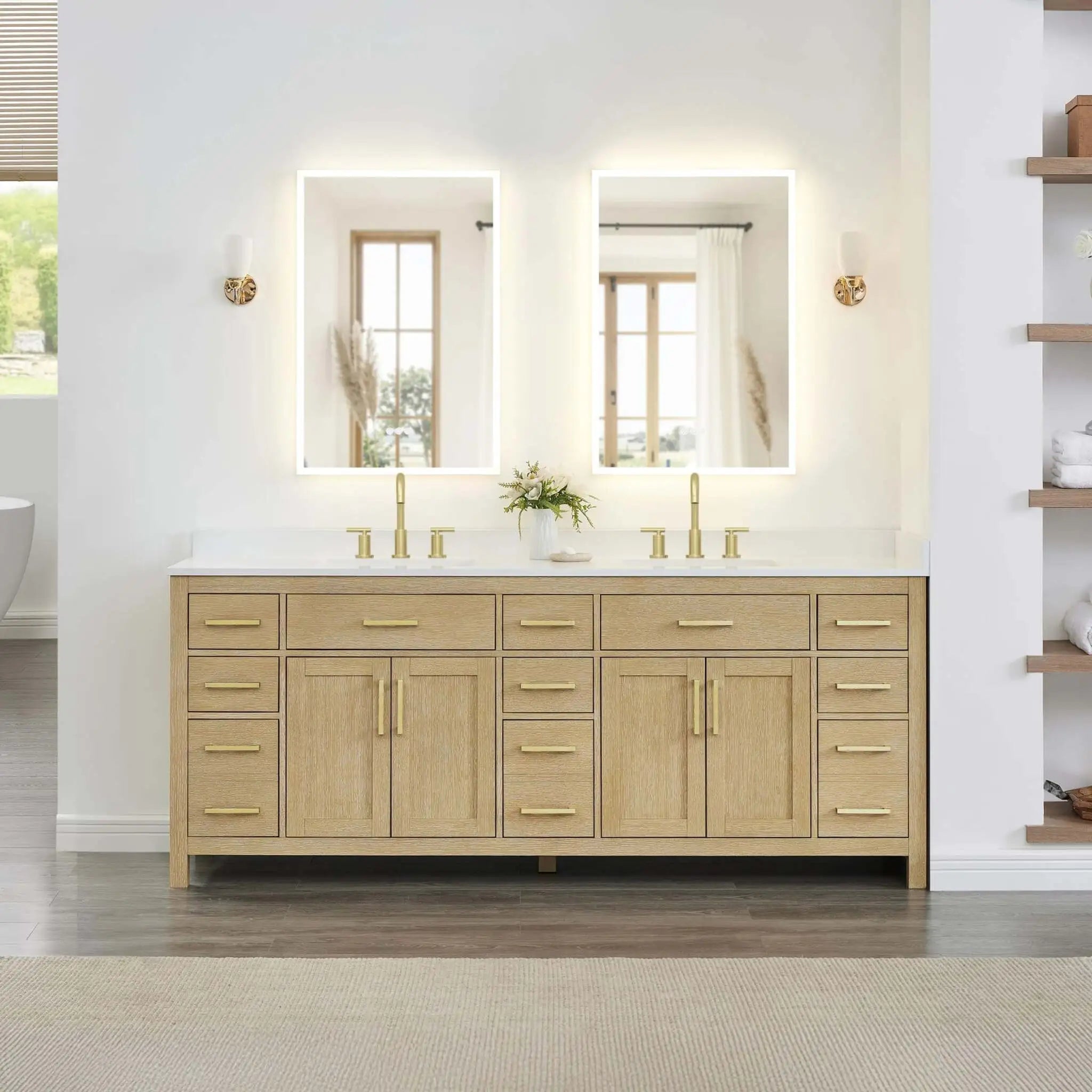 84" Beckett Double Bathroom Vanity in Whitewashed Oak with Brushed Gold Trim by Wyndham