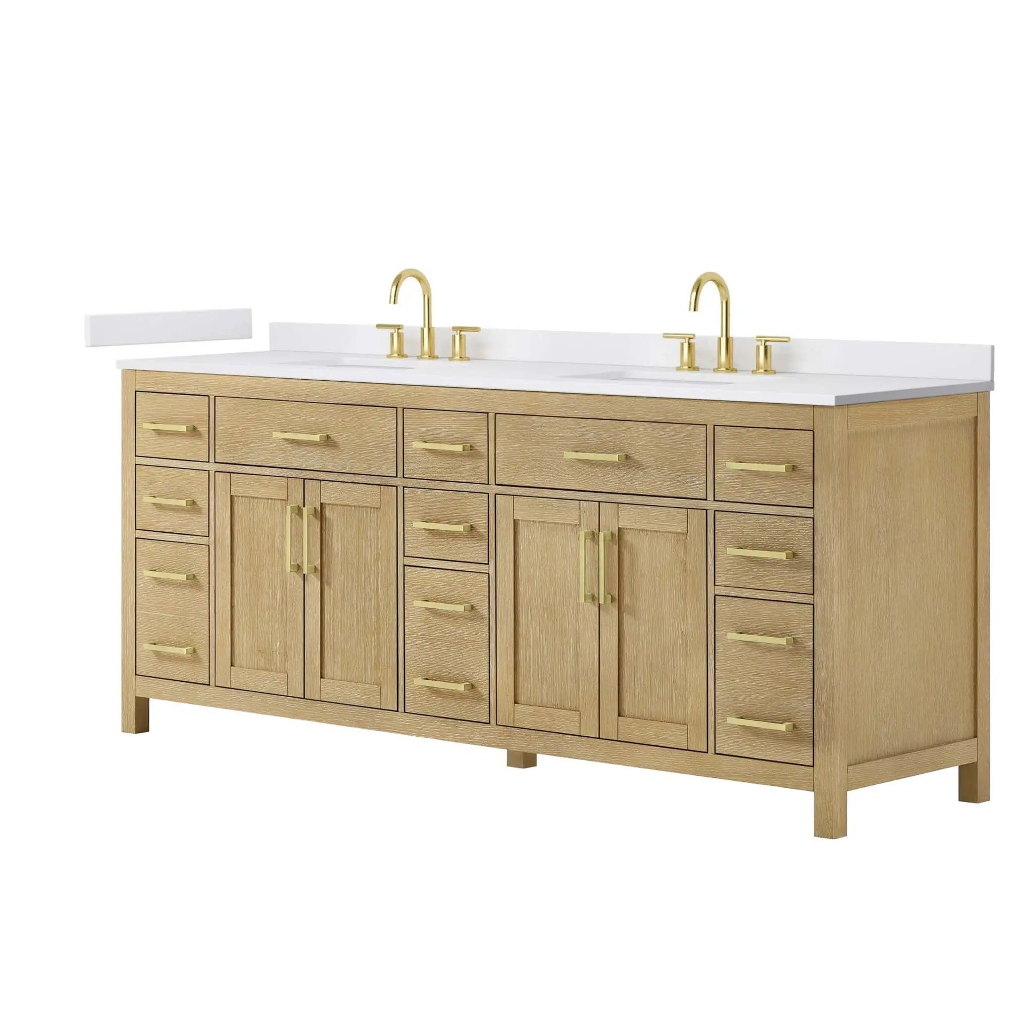 84" Beckett Double Bathroom Vanity in Whitewashed Oak with Brushed Gold Trim by Wyndham