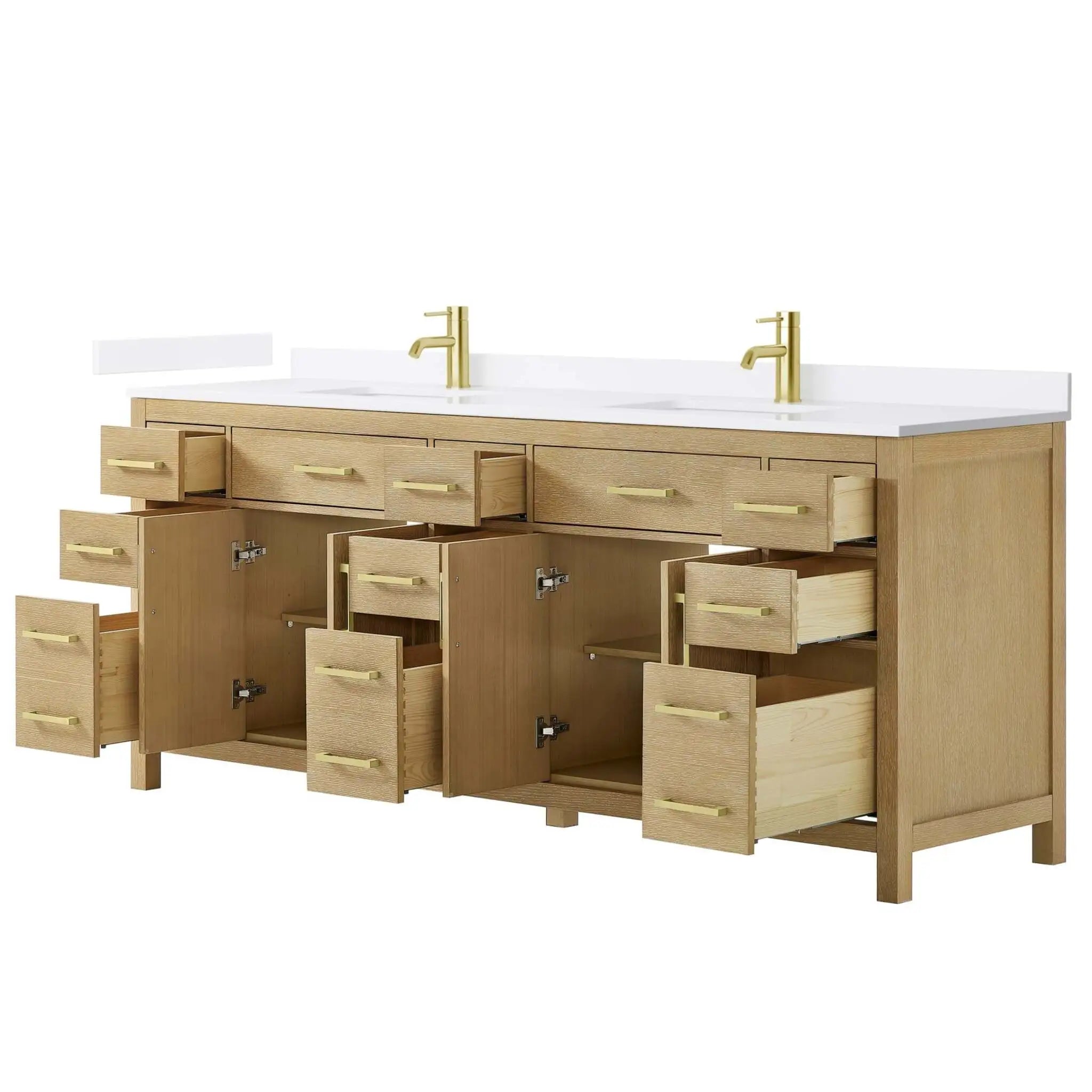 84" Beckett Double Bathroom Vanity in Whitewashed Oak with Brushed Gold Trim by Wyndham