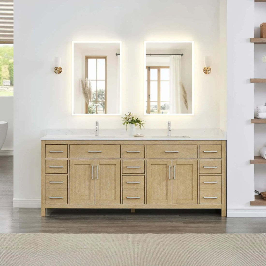 84" Beckett Double Bathroom Vanity in Whitewashed Oak with Brushed Nickel Trim by Wyndham