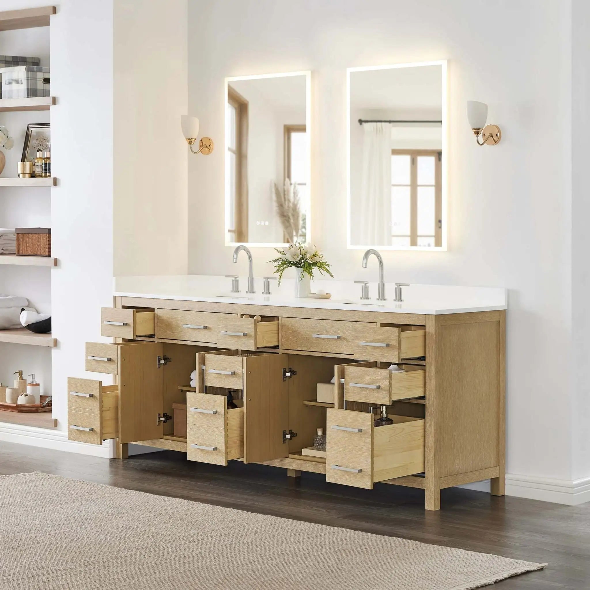 84" Beckett Double Bathroom Vanity in Whitewashed Oak with Brushed Nickel Trim by Wyndham