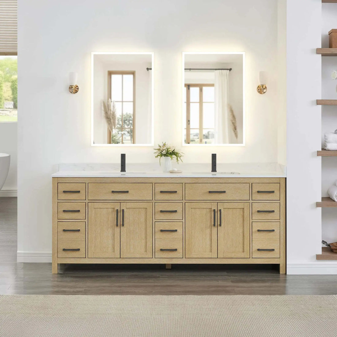84" Beckett Double Bathroom Vanity in Whitewashed Oak with Matte Black Trim by Wyndham