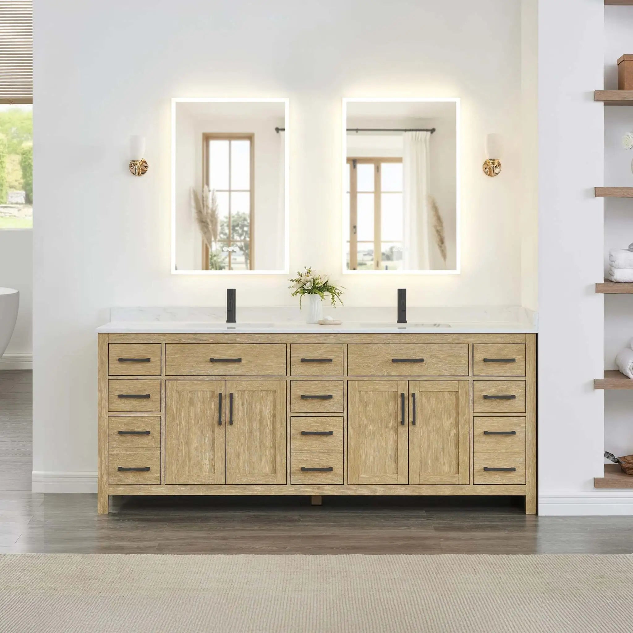 84" Beckett Double Bathroom Vanity in Whitewashed Oak with Matte Black Trim by Wyndham