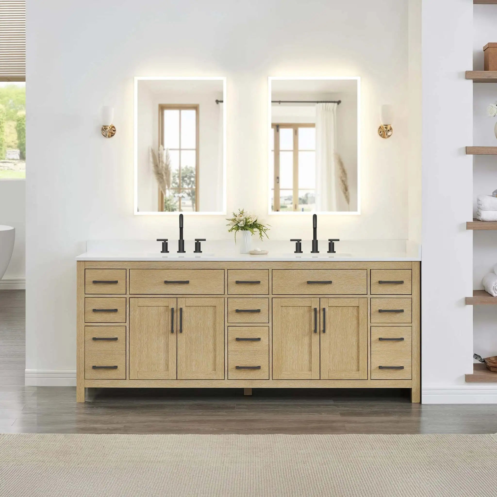 84" Beckett Double Bathroom Vanity in Whitewashed Oak with Matte Black Trim by Wyndham