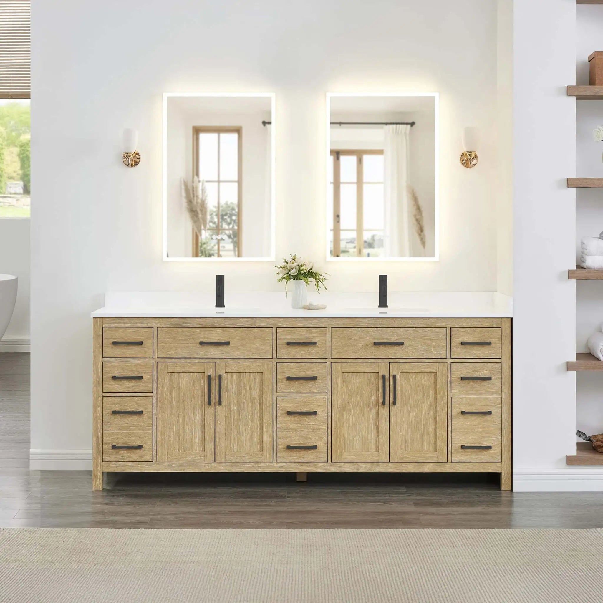 84" Beckett Double Bathroom Vanity in Whitewashed Oak with Matte Black Trim by Wyndham