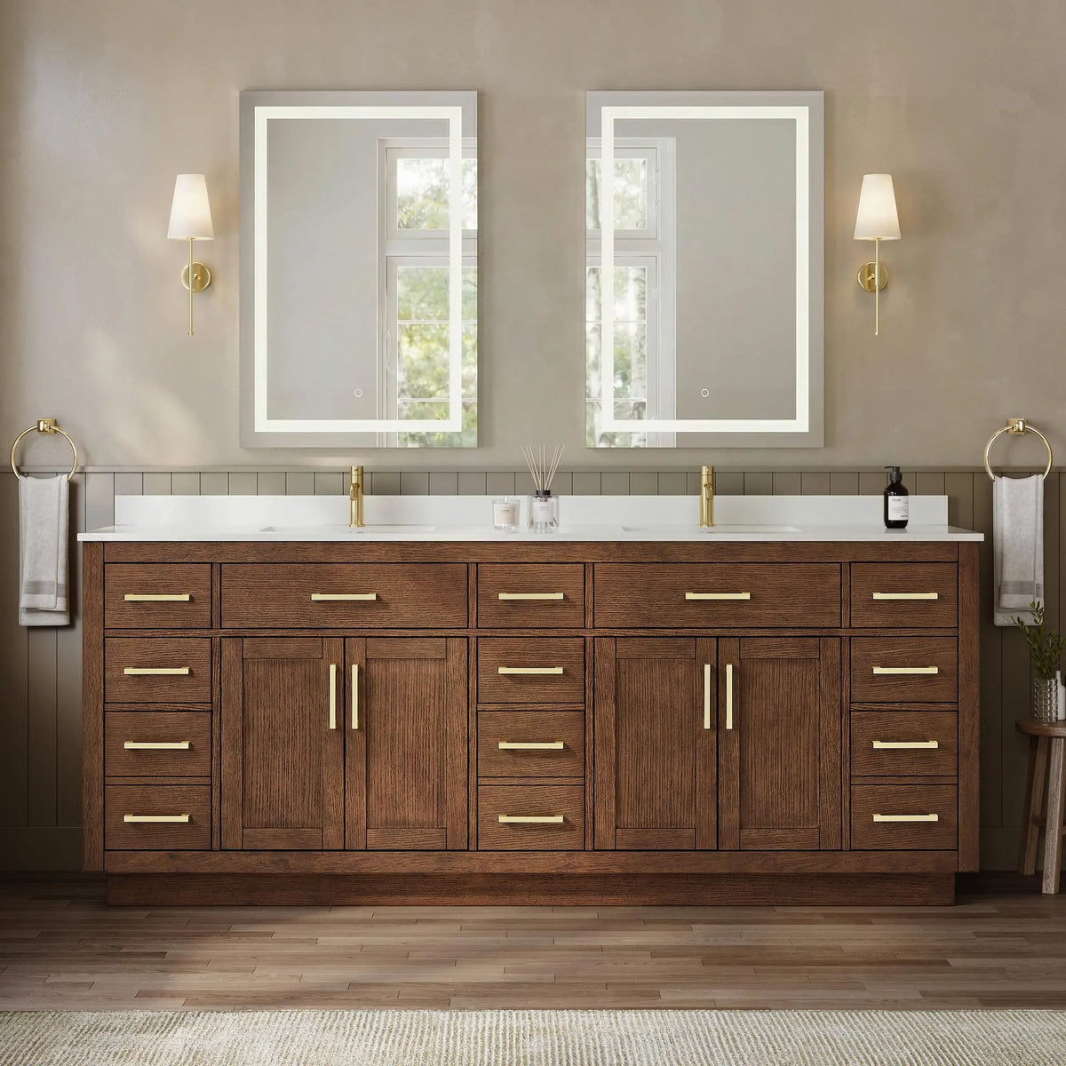 84" Beckett Double Bathroom Vanity with Toe Kick Dark Oak Brushed Gold Trim by wyndham View 9