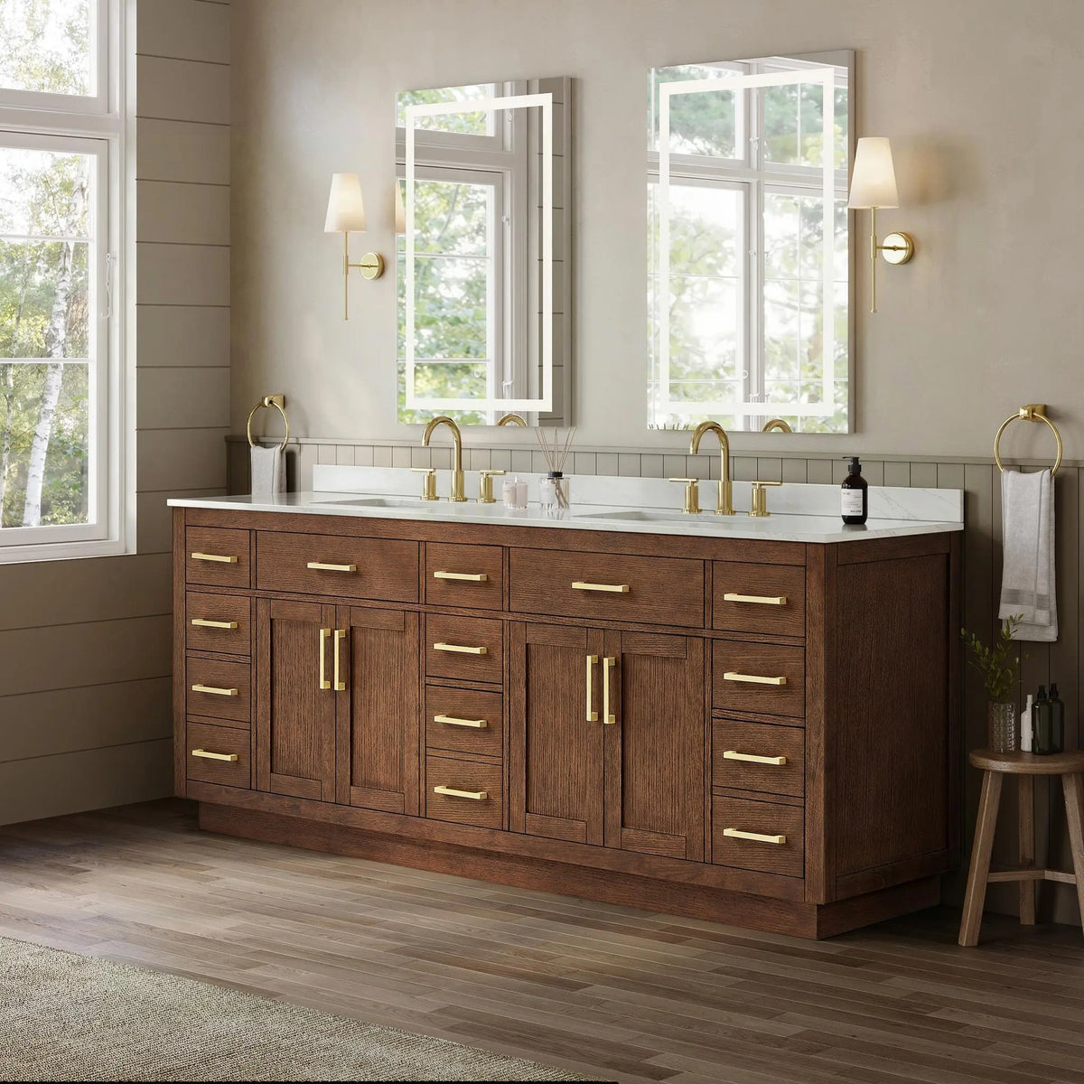 84" Beckett Double Bathroom Vanity with Toe Kick Dark Oak Brushed Gold Trim by wyndham View 32