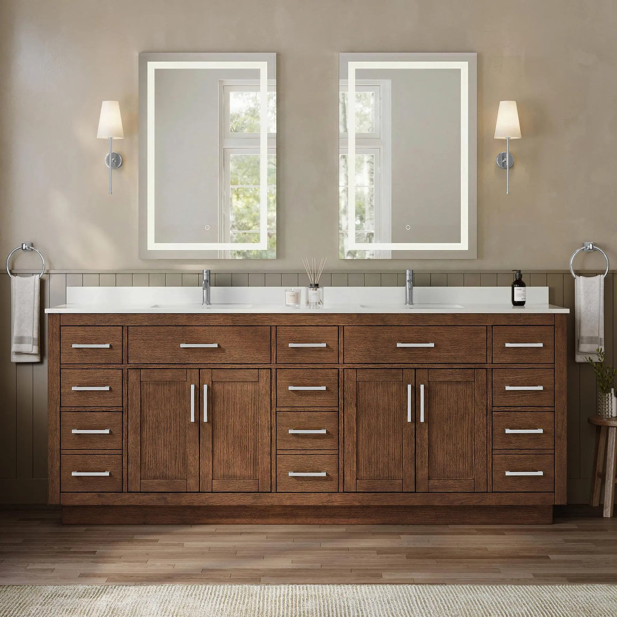 84" Beckett Double Bathroom Vanity with Toe Kick Dark Oak Brushed Nickel Trim by wyndham View 9