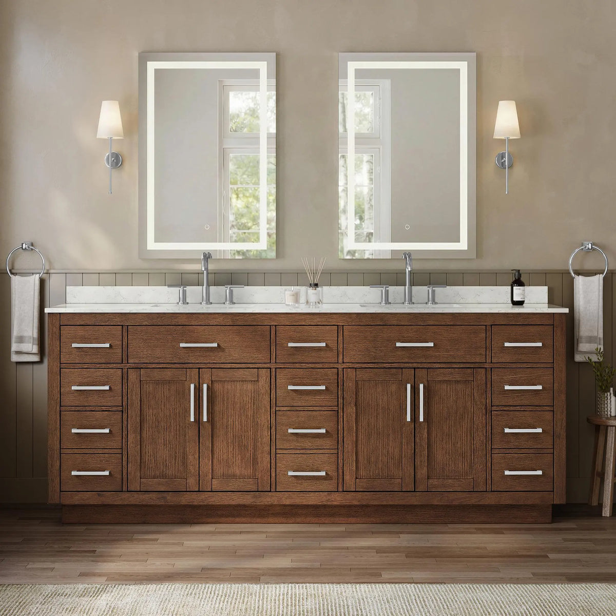 84" Beckett Double Bathroom Vanity with Toe Kick Dark Oak Brushed Nickel Trim by wyndham View 14