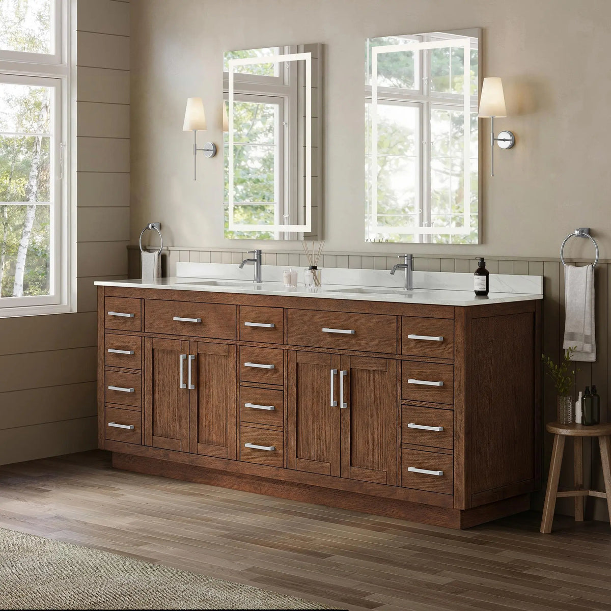 84" Beckett Double Bathroom Vanity with Toe Kick Dark Oak Brushed Nickel Trim by wyndham View 22