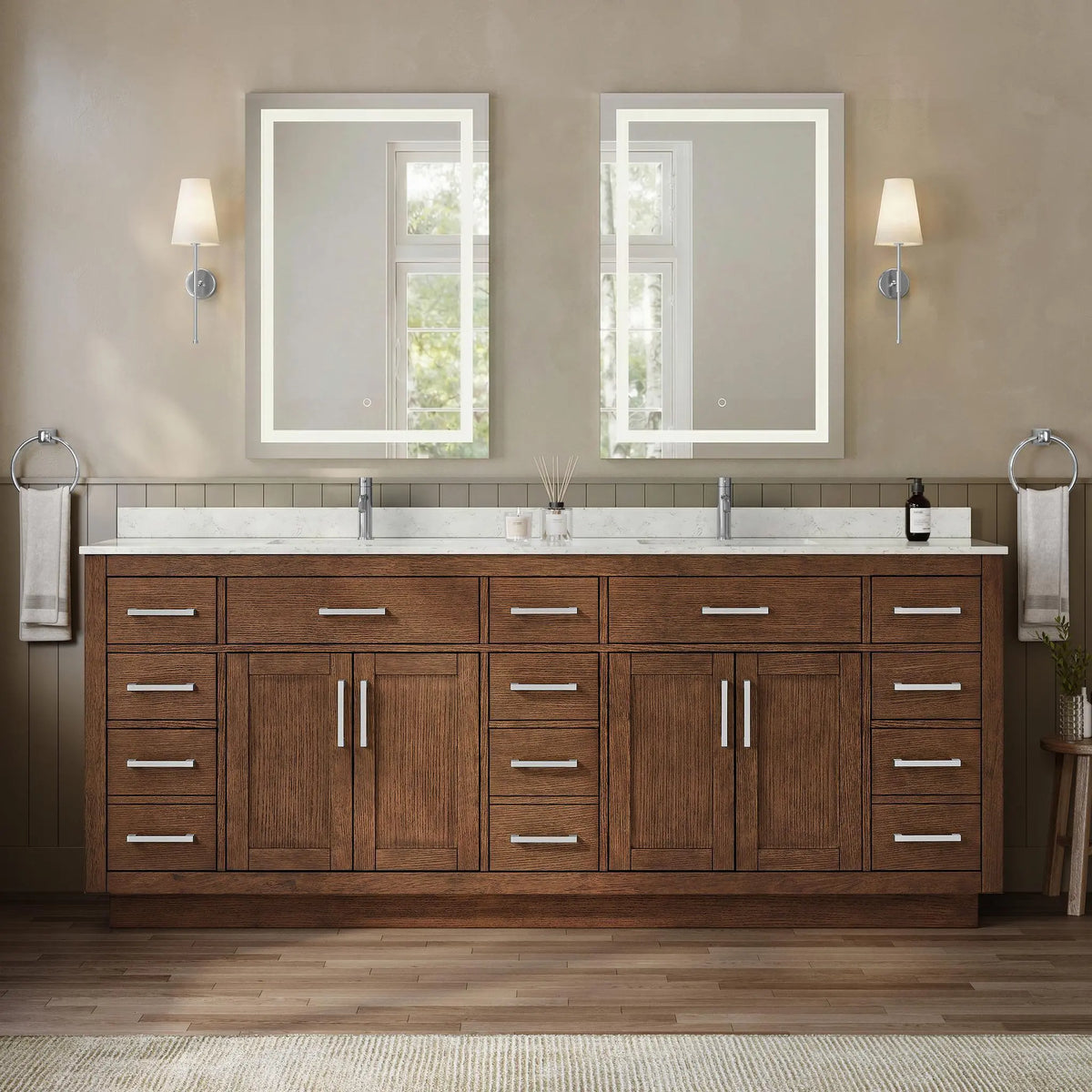 84" Beckett Double Bathroom Vanity with Toe Kick Dark Oak Brushed Nickel Trim by wyndham View 4