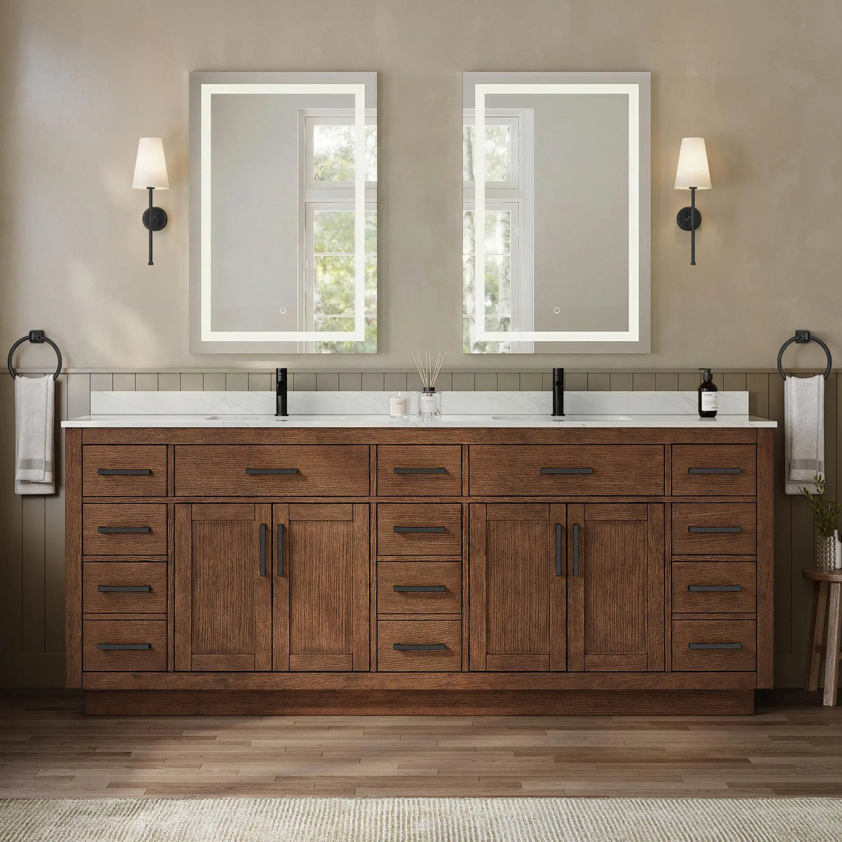 84" Beckett Double Bathroom Vanity with Toe Kick Dark Oak Matte Black Trim by wyndham View 24