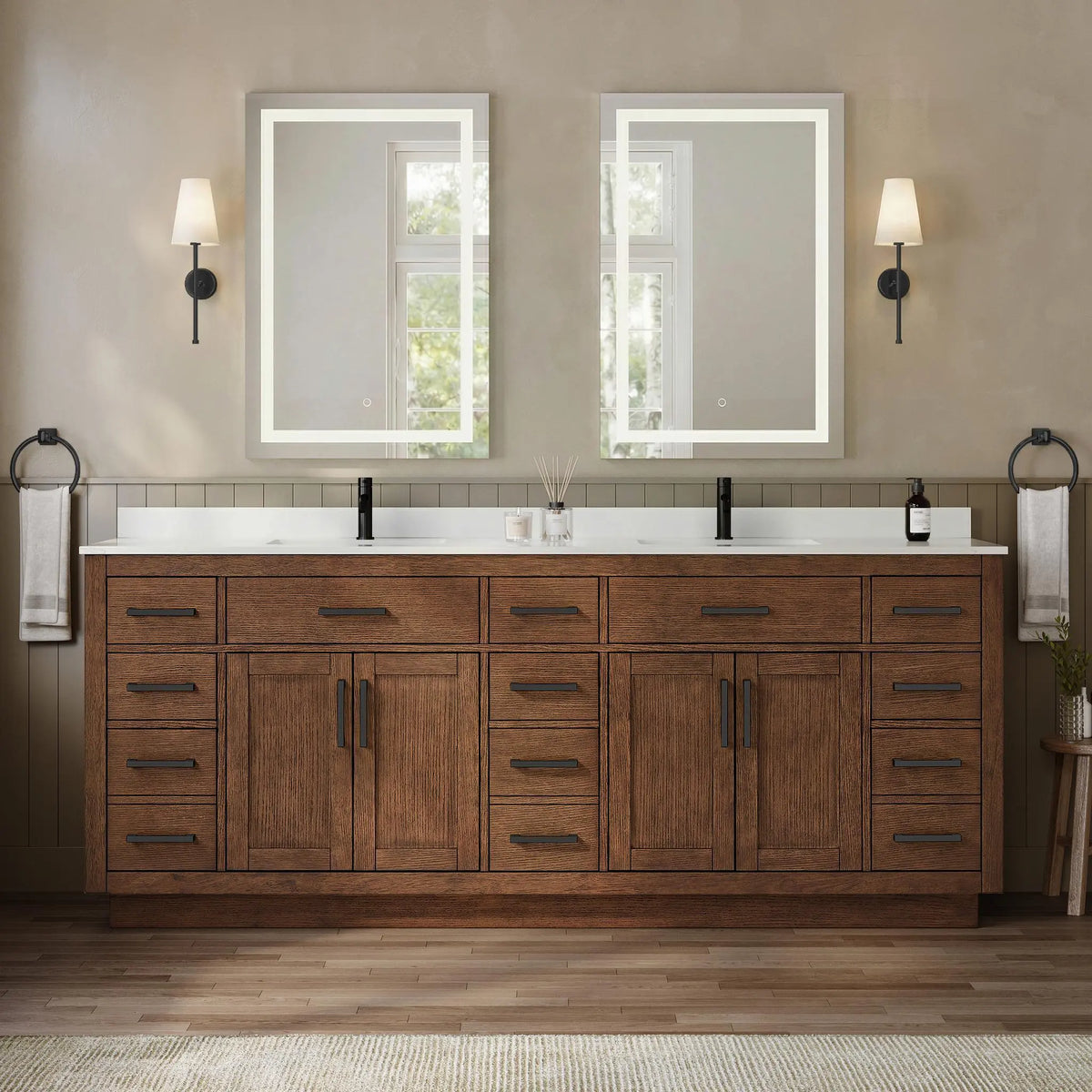 84" Beckett Double Bathroom Vanity with Toe Kick Dark Oak Matte Black Trim by wyndham View 29