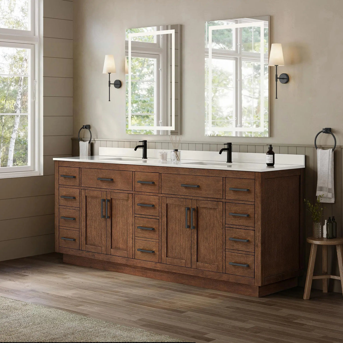 84" Beckett Double Bathroom Vanity with Toe Kick Dark Oak Matte Black Trim by wyndham View 27