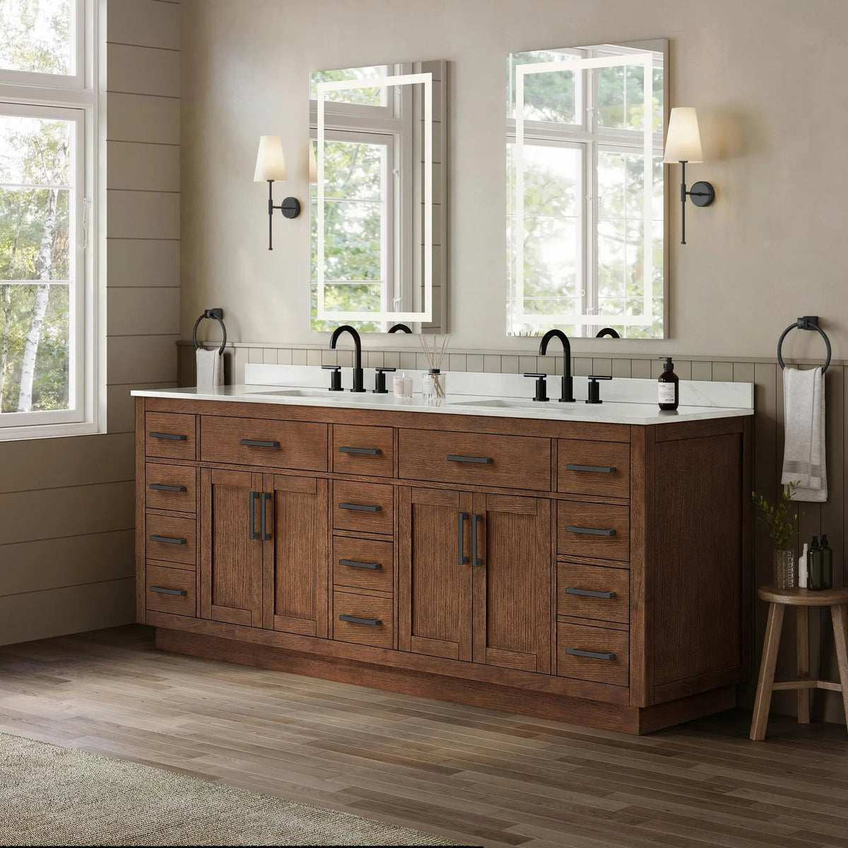 84" Beckett Double Bathroom Vanity with Toe Kick Dark Oak Matte Black Trim by wyndham View 32