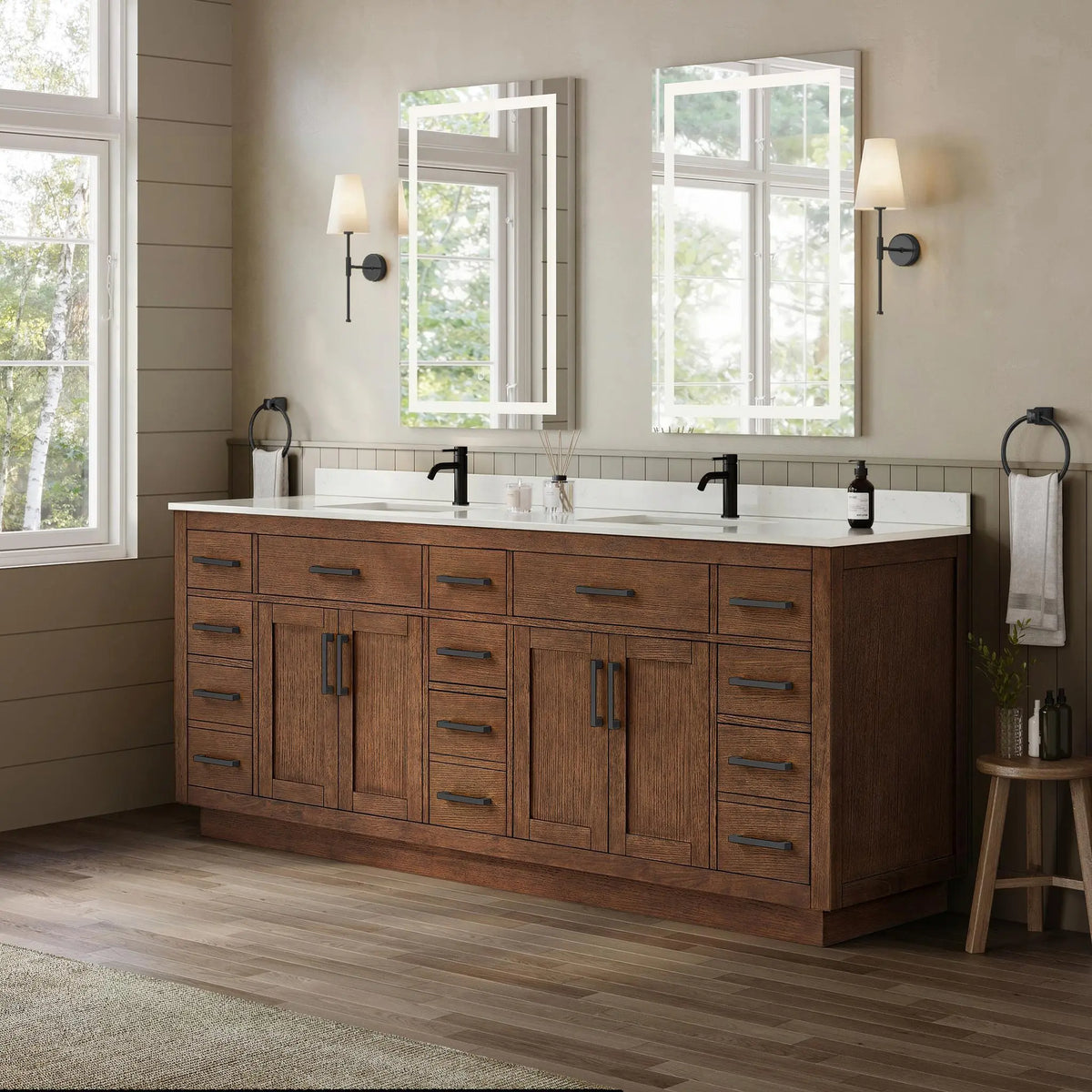 84" Beckett Double Bathroom Vanity with Toe Kick Dark Oak Matte Black Trim by wyndham View 2