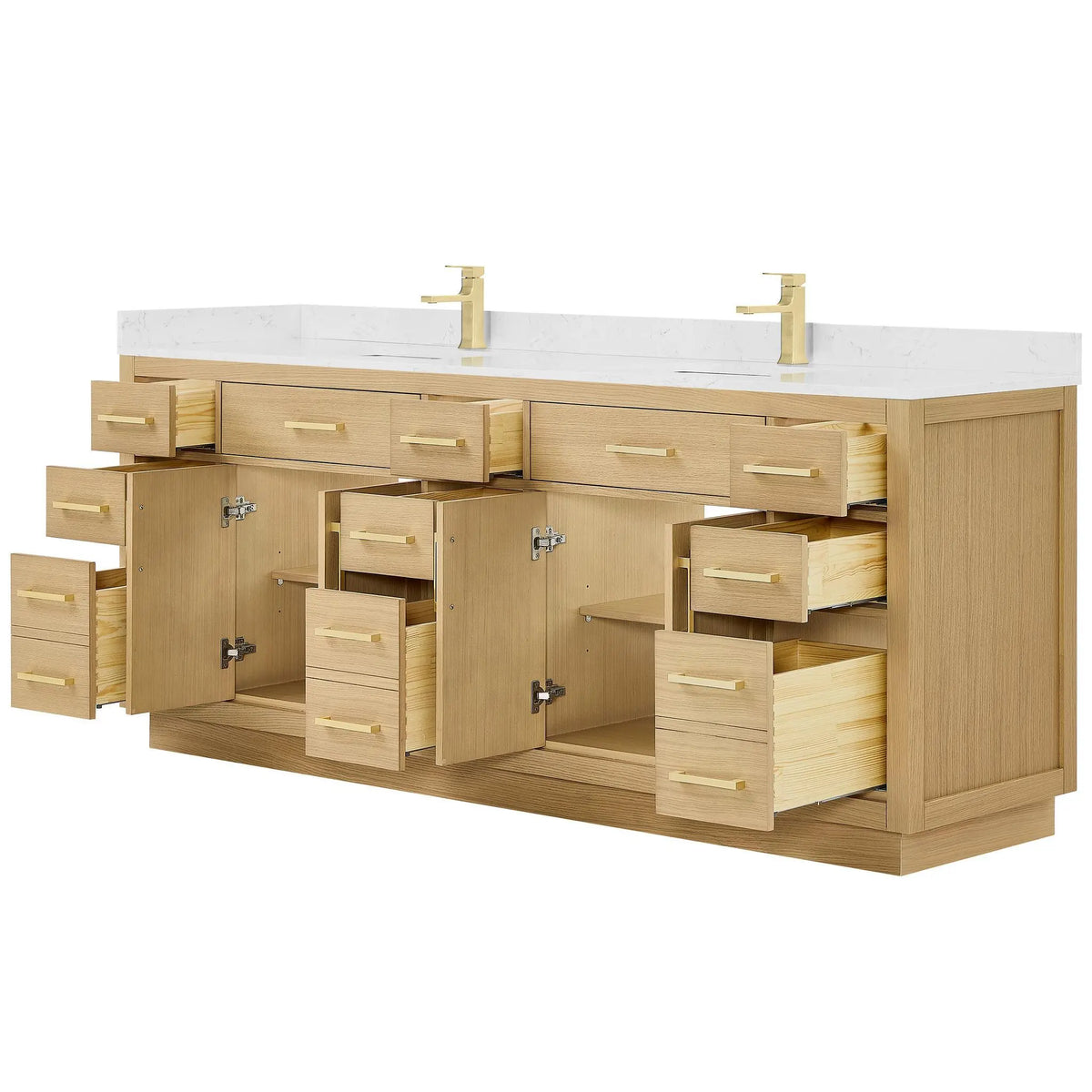 84" Beckett Double Bathroom Vanity with Toe Kick Rift Oak Brushed Gold Trim by wyndham View 3