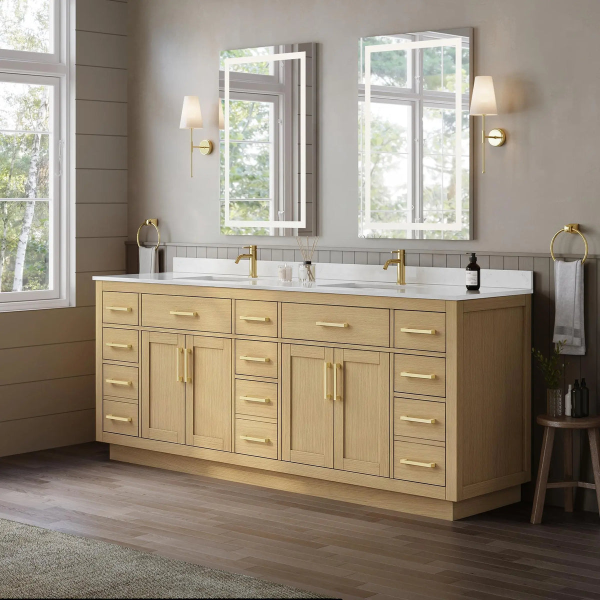 84" Beckett Double Bathroom Vanity with Toe Kick Rift Oak Brushed Gold Trim by wyndham View 2