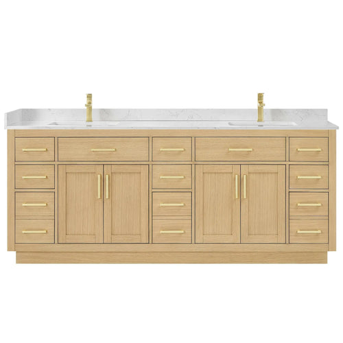 84" Beckett Double Bathroom Vanity with Toe Kick Rift Oak Brushed Gold Trim by wyndham