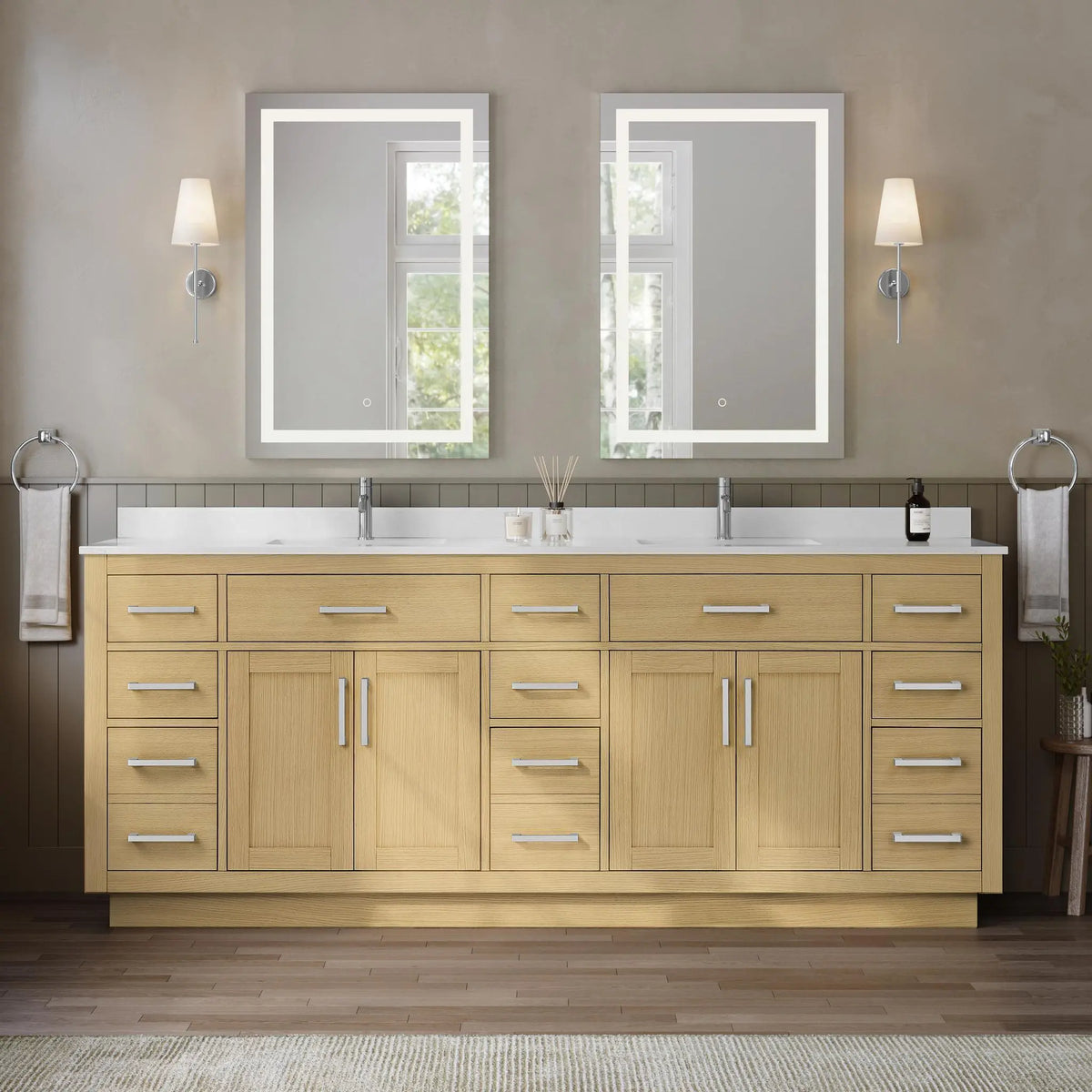 84" Beckett Double Bathroom Vanity with Toe Kick Rift Oak Brushed Nickel Trim by wyndham View 9