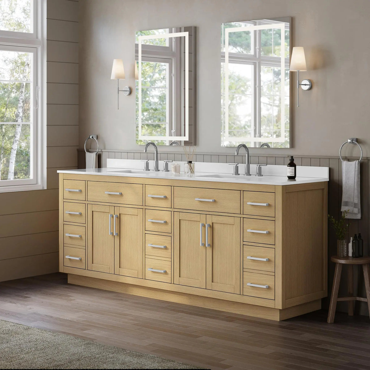 84" Beckett Double Bathroom Vanity with Toe Kick Rift Oak Brushed Nickel Trim by wyndham View 17