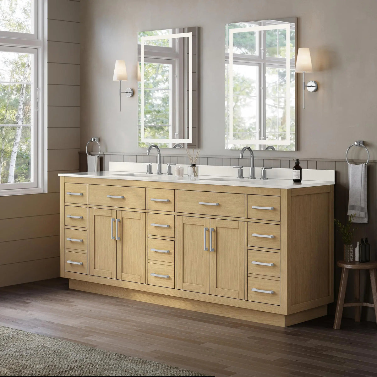 84" Beckett Double Bathroom Vanity with Toe Kick Rift Oak Brushed Nickel Trim by wyndham View 37