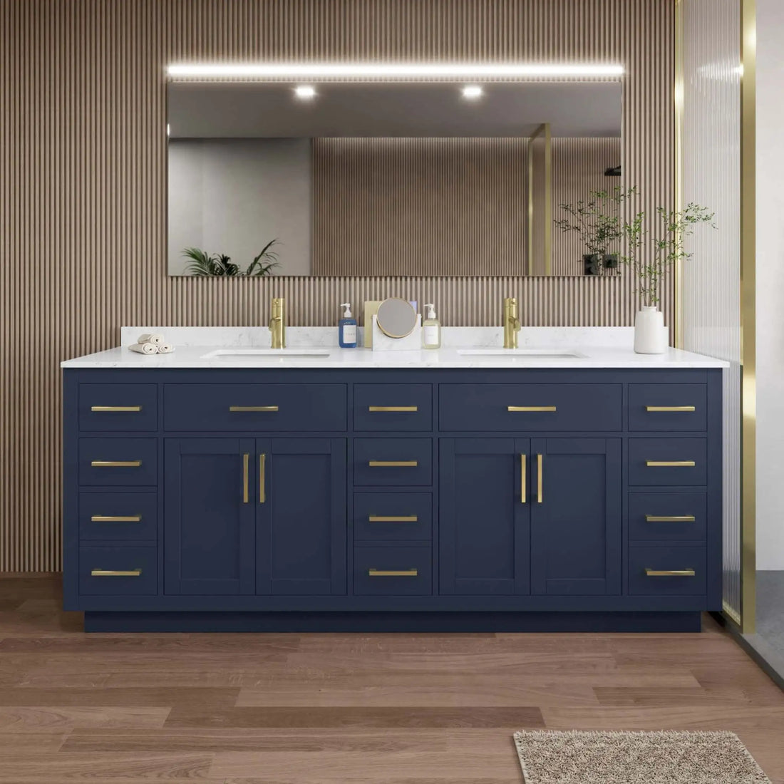 84" Beckett TK Beckett Double Bathroom Vanity with Toe Kick in Dark Blue with Brushed Gold Trim by Wyndham