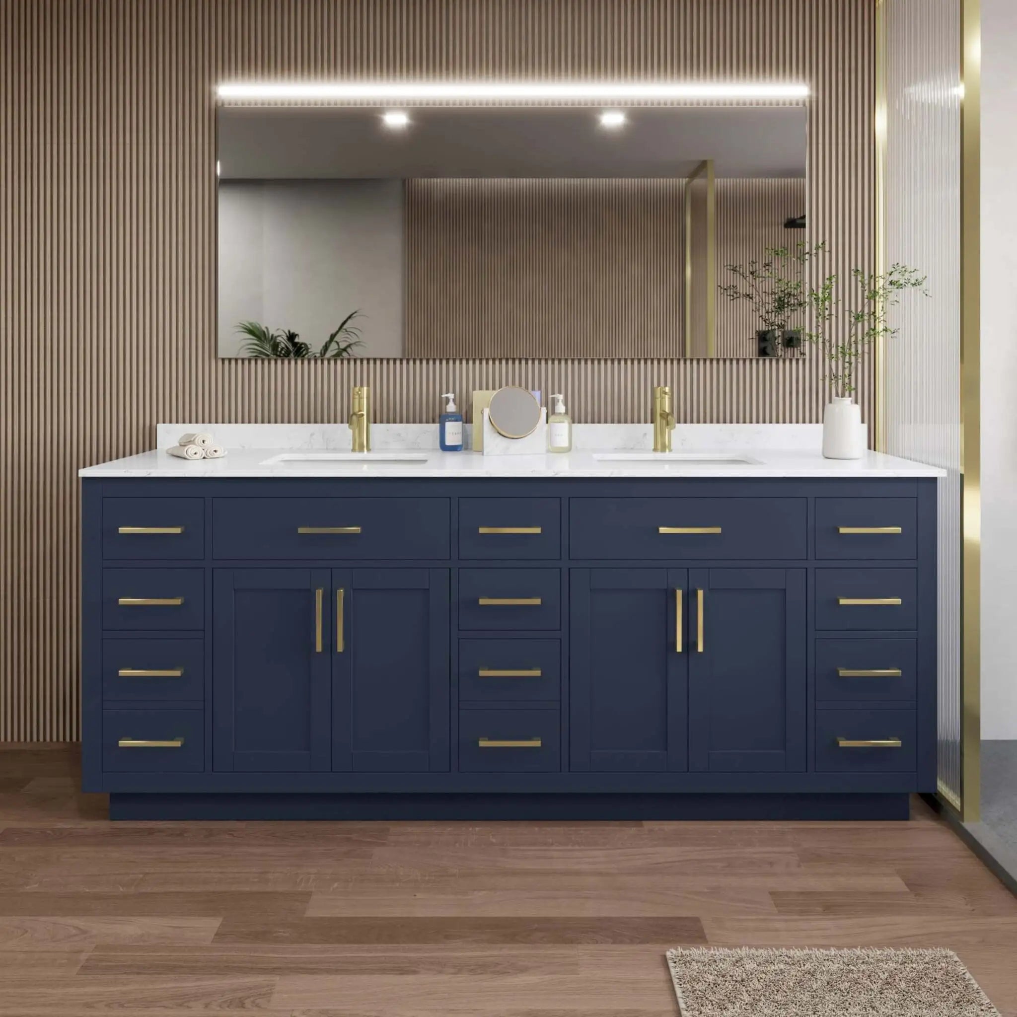 84" Beckett TK Beckett Double Bathroom Vanity with Toe Kick in Dark Blue with Brushed Gold Trim by Wyndham