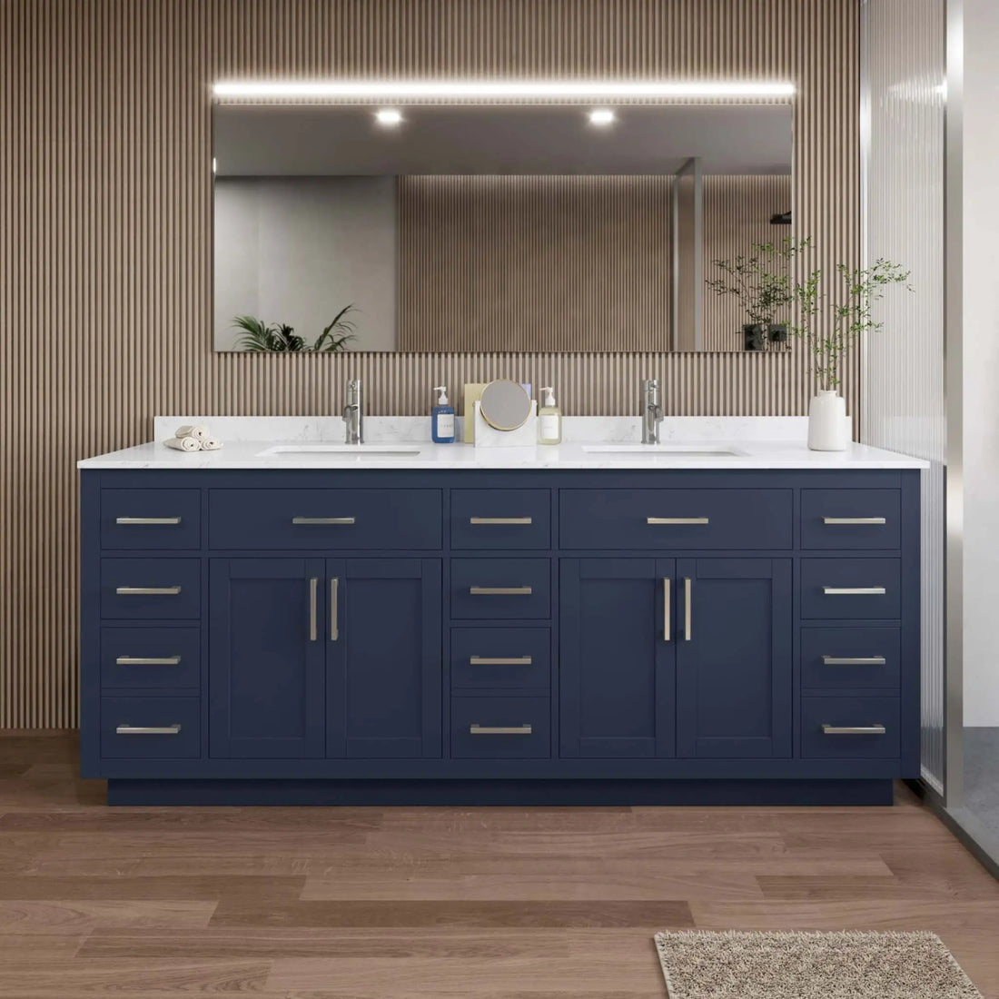84" Beckett TK Beckett Double Bathroom Vanity with Toe Kick in Dark Blue with Brushed Nickel Trim by Wyndham