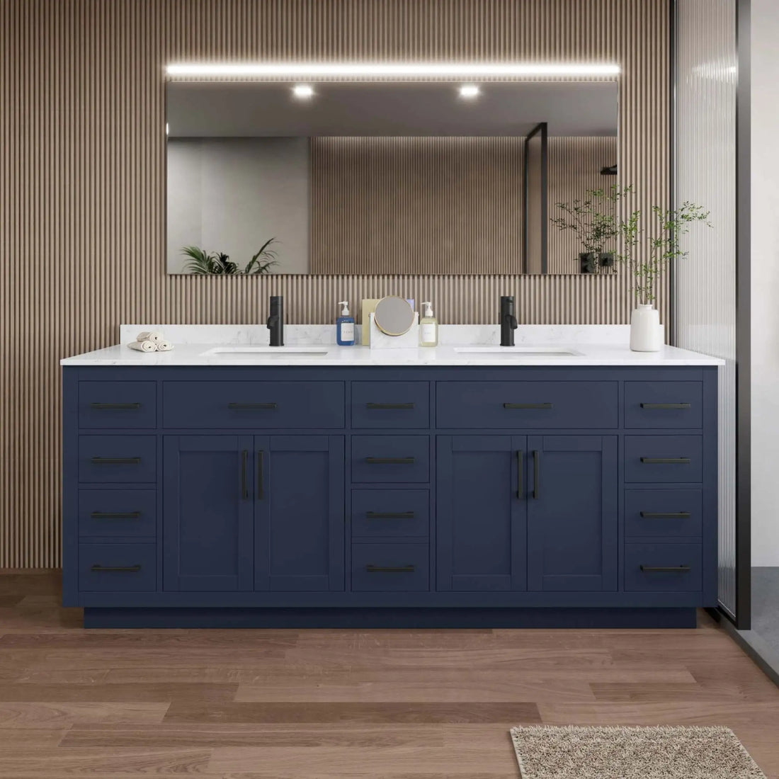 84" Beckett TK Beckett Double Bathroom Vanity with Toe Kick in Dark Blue with Matte Black Trim by Wyndham