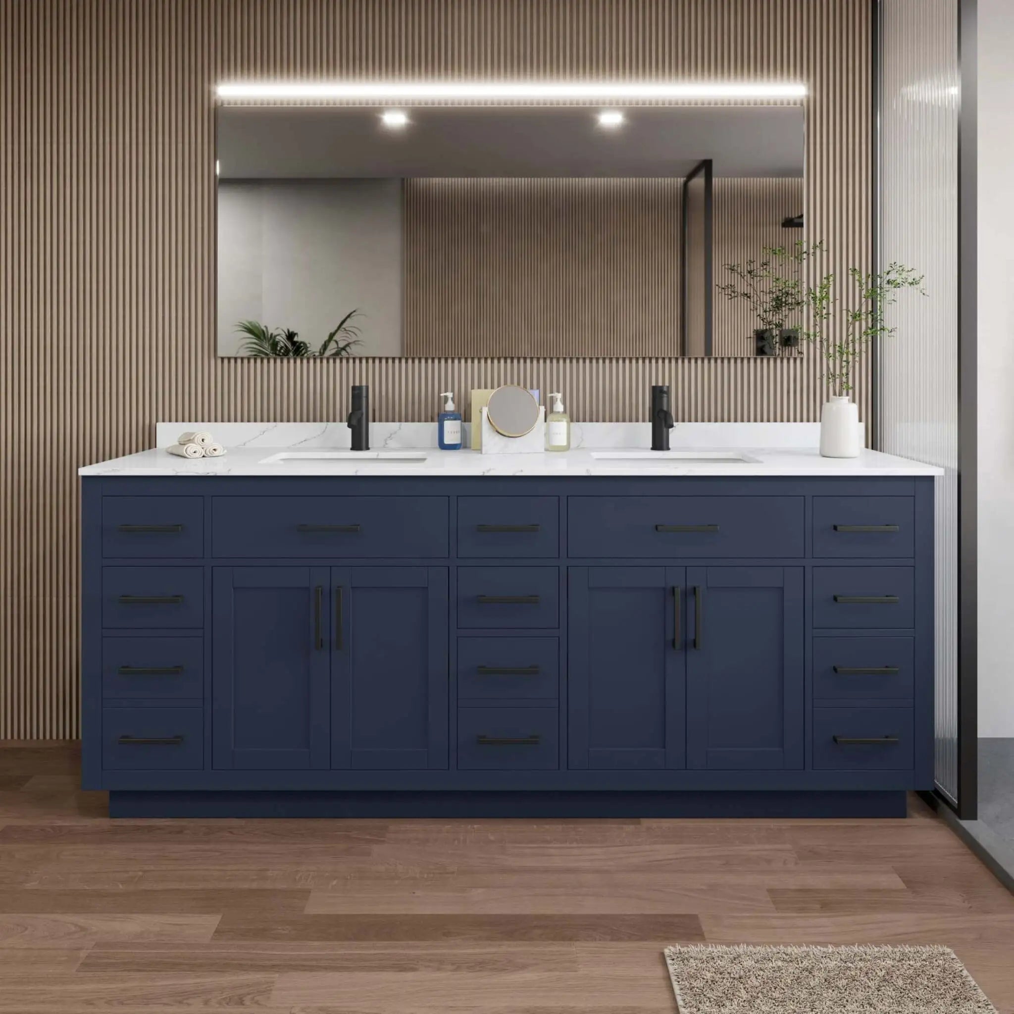 84" Beckett TK Beckett Double Bathroom Vanity with Toe Kick in Dark Blue with Matte Black Trim by Wyndham