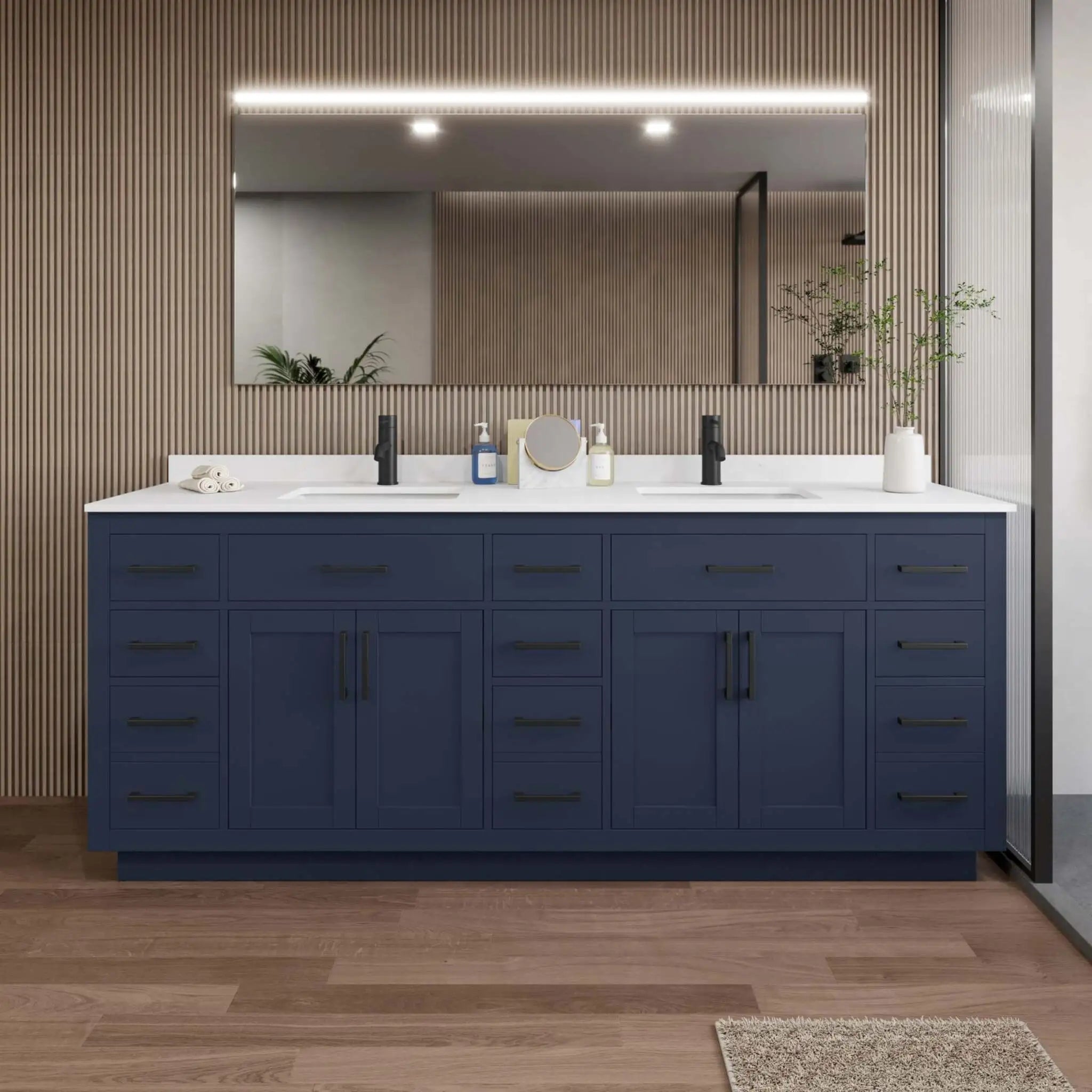 84" Beckett TK Beckett Double Bathroom Vanity with Toe Kick in Dark Blue with Matte Black Trim by Wyndham
