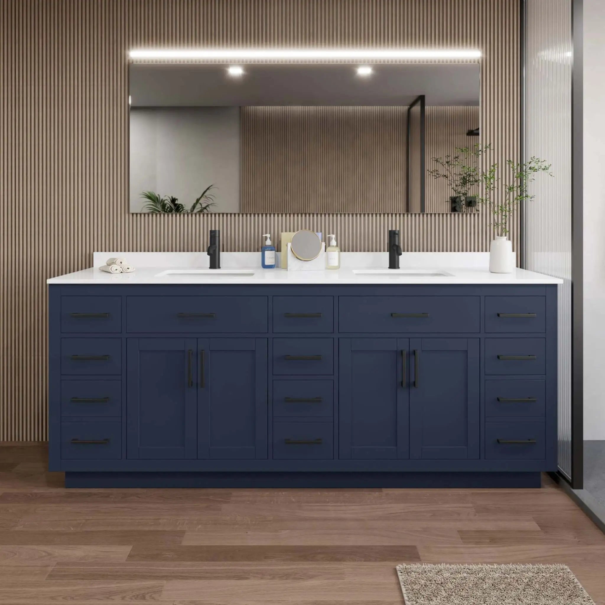 84" Beckett TK Beckett Double Bathroom Vanity with Toe Kick in Dark Blue with Matte Black Trim by Wyndham