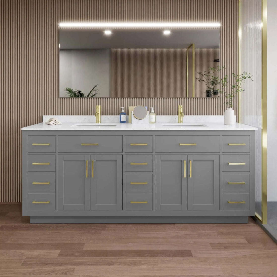 84" Beckett TK Beckett Double Bathroom Vanity with Toe Kick in Dark Gray with Brushed Gold Trim by Wyndham