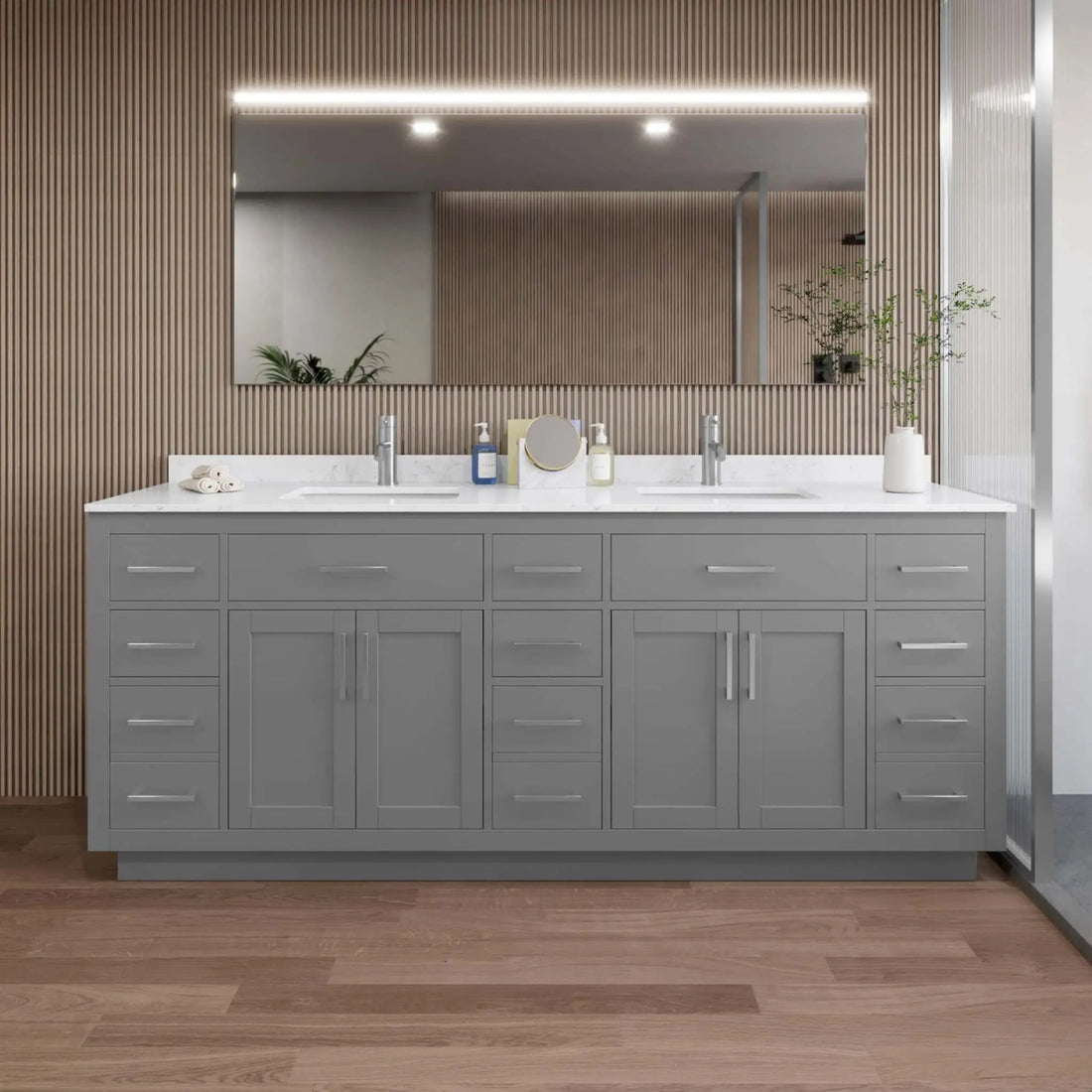 84" Beckett TK Beckett Double Bathroom Vanity with Toe Kick in Dark Gray with Brushed Nickel Trim by Wyndham