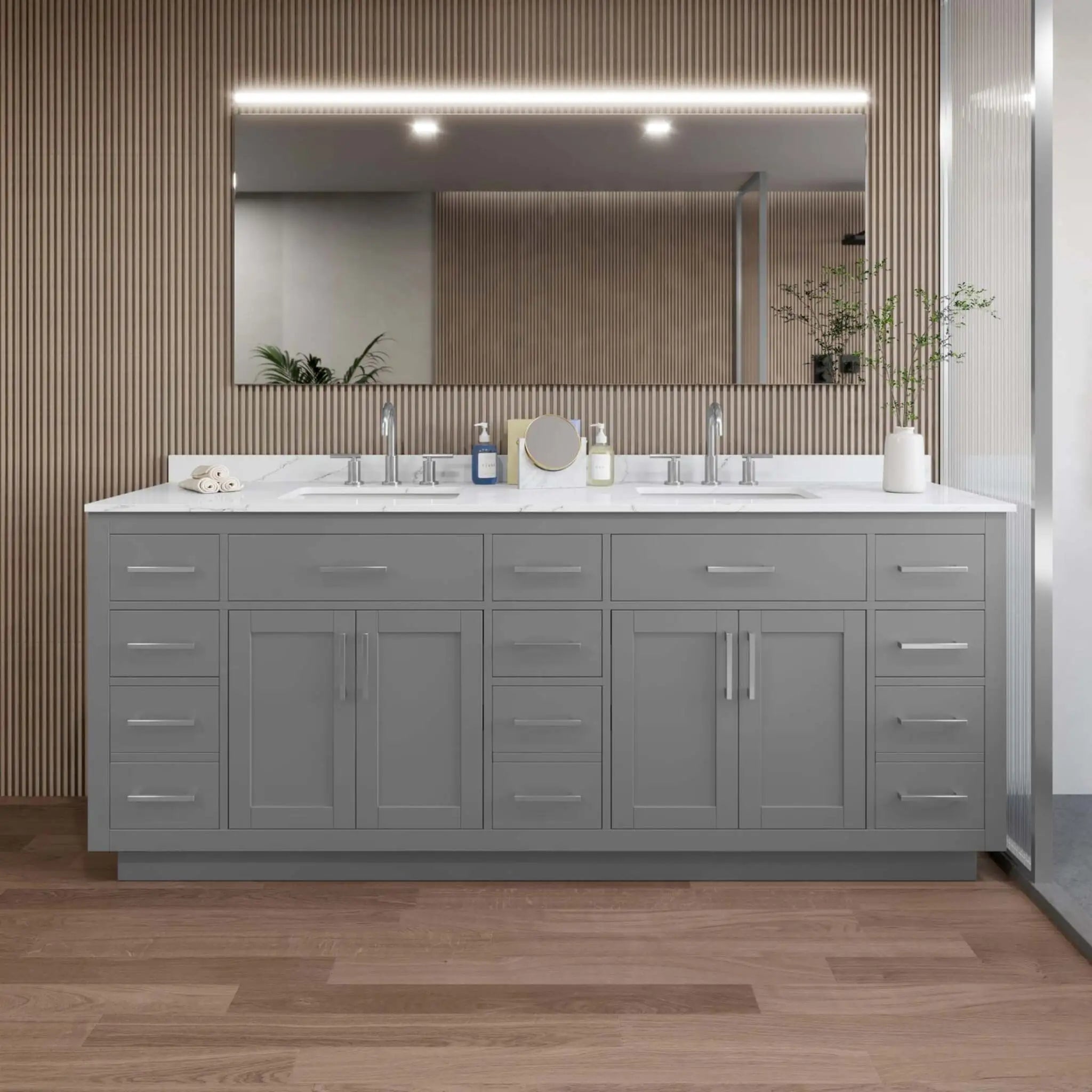 84" Beckett TK Beckett Double Bathroom Vanity with Toe Kick in Dark Gray with Brushed Nickel Trim by Wyndham