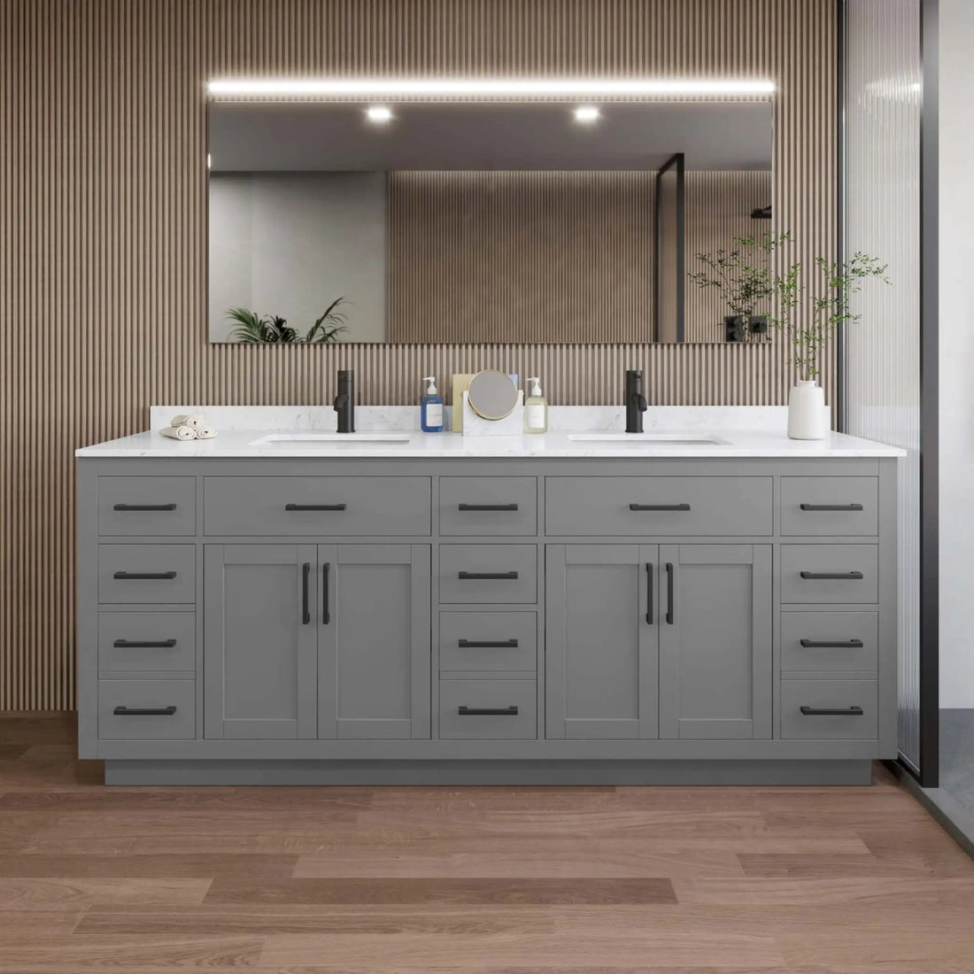 84" Beckett TK Beckett Double Bathroom Vanity with Toe Kick in Dark Gray with Matte Black Trim by Wyndham